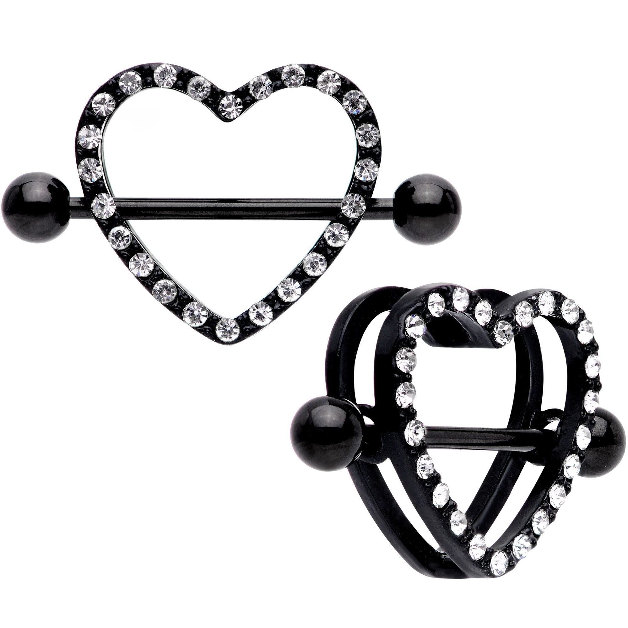 14G 5/8 Clear Gem Black Valentine Heart Nipple Ring Set