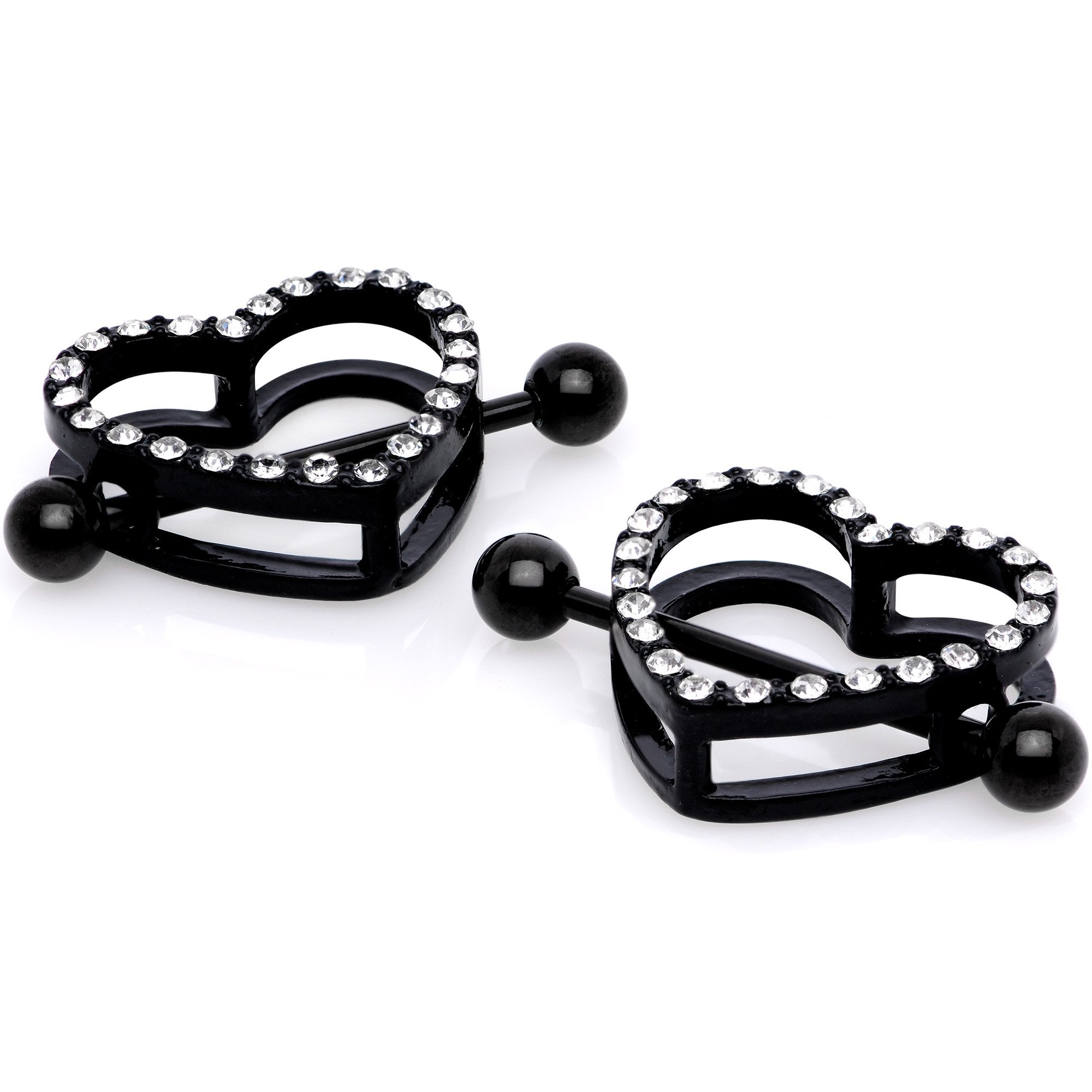 14G 5/8 Clear Gem Black Valentine Heart Nipple Ring Set