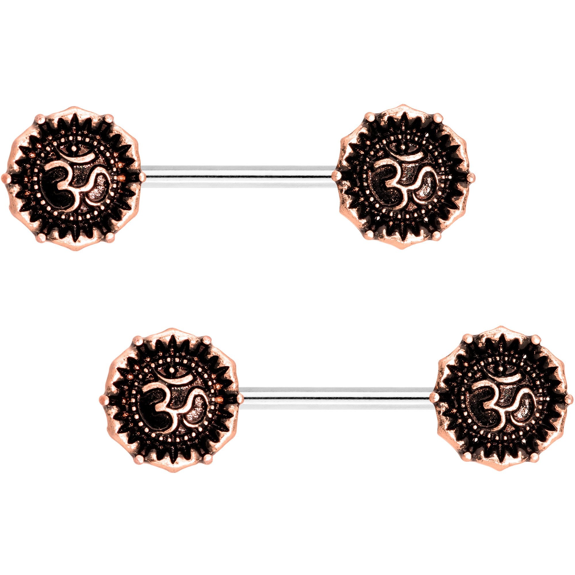 Rose Gold Tone Spiritual Ohm Symbol Barbell Nipple Ring Set