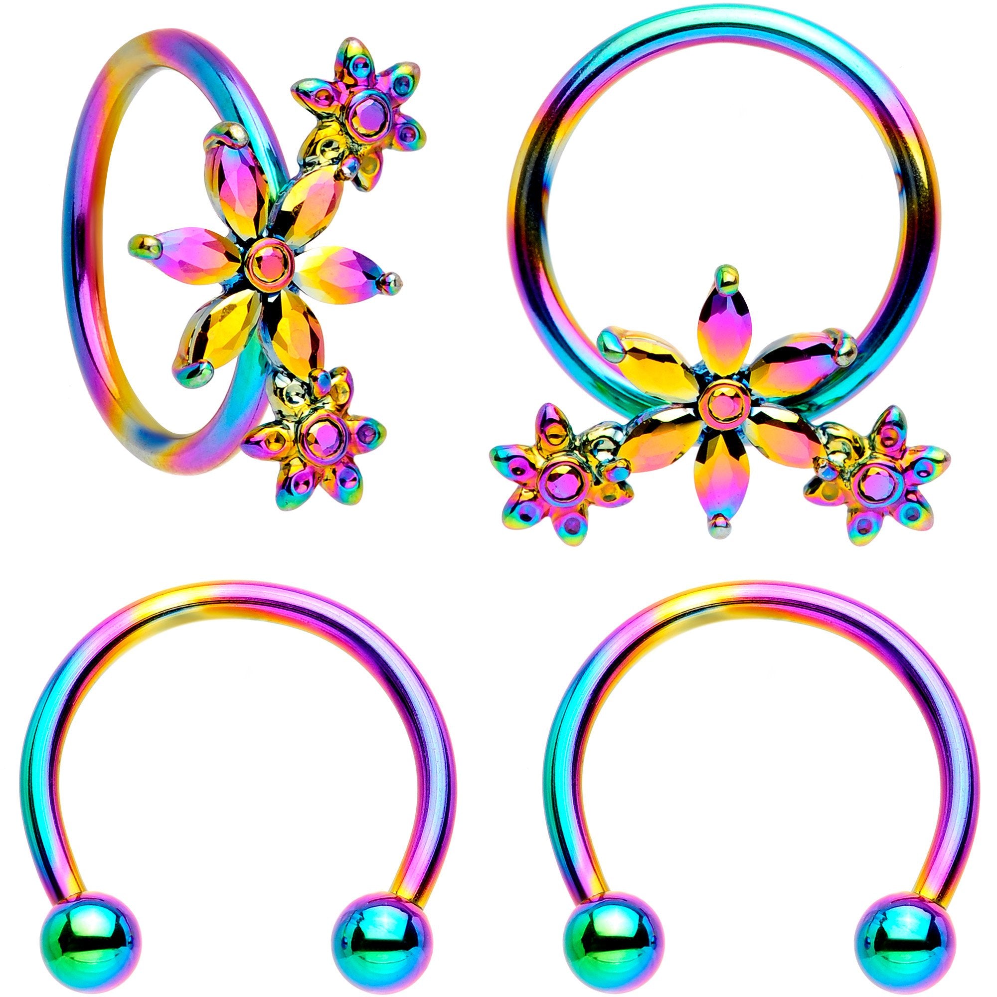 16G 3/8 Rainbow Flower Power Horseshoe BCR Captive Ring Set
