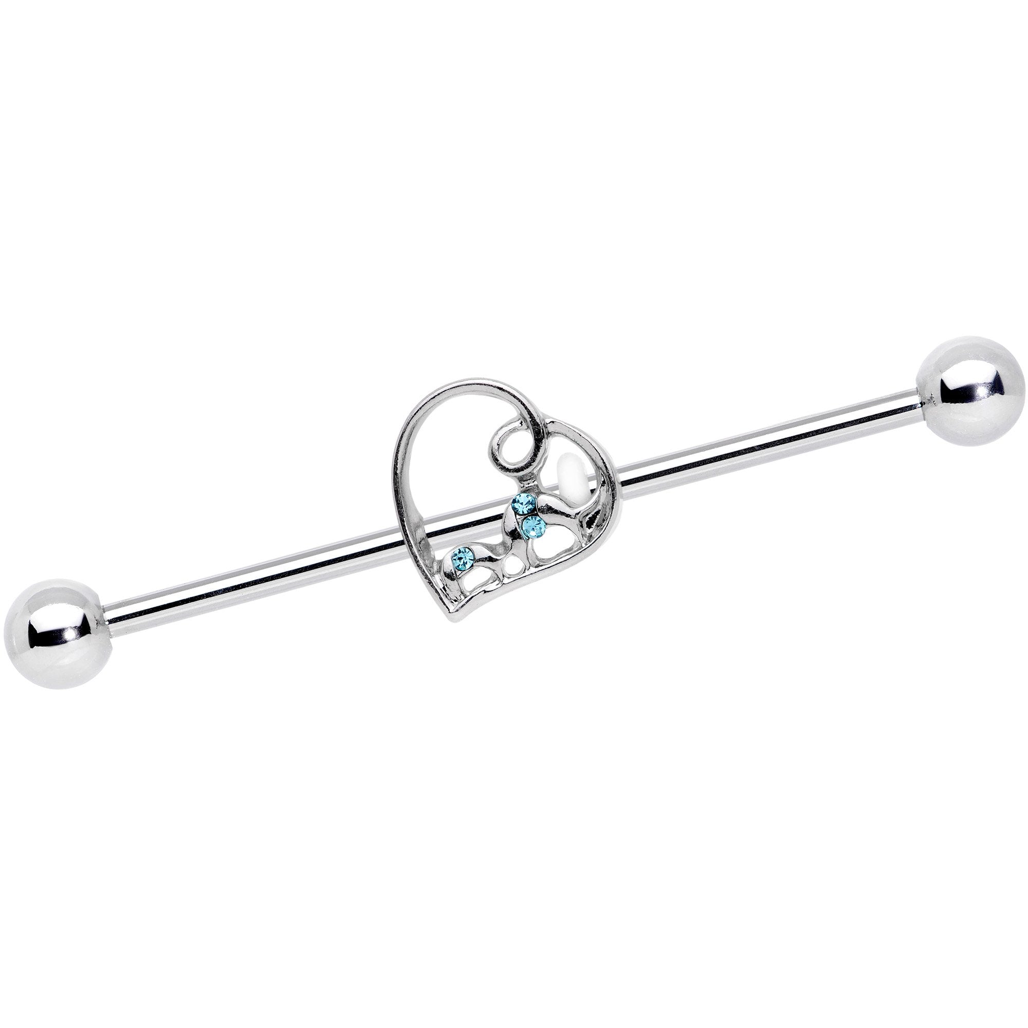14G Aqua Gem Valentines Day Heart Industrial Barbell 38mm