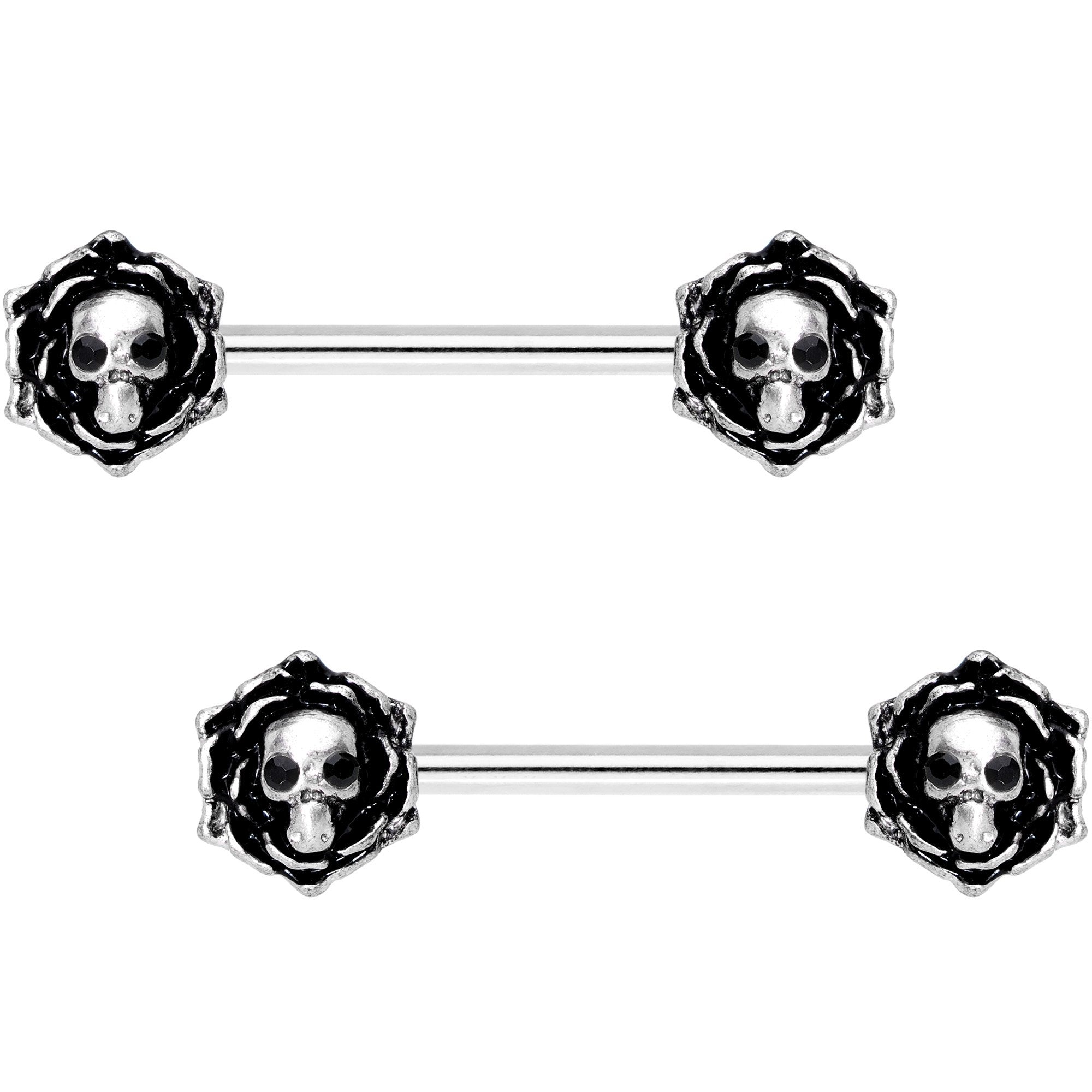 14G 9/16 Black Gem Skull Rose Flower Barbell Nipple Ring Set