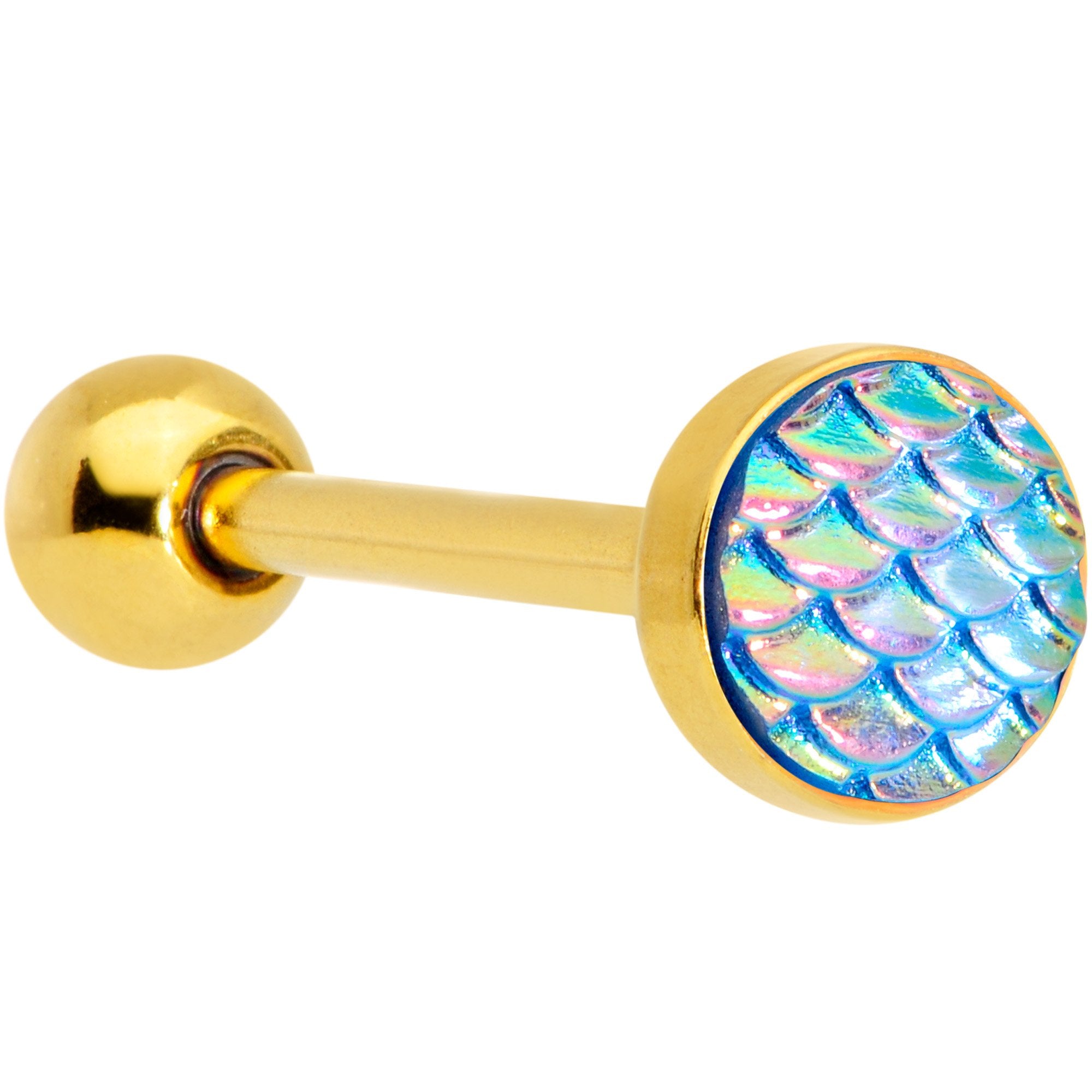 Gold PVD Aqua Mermaid Scale Barbell Tongue Ring