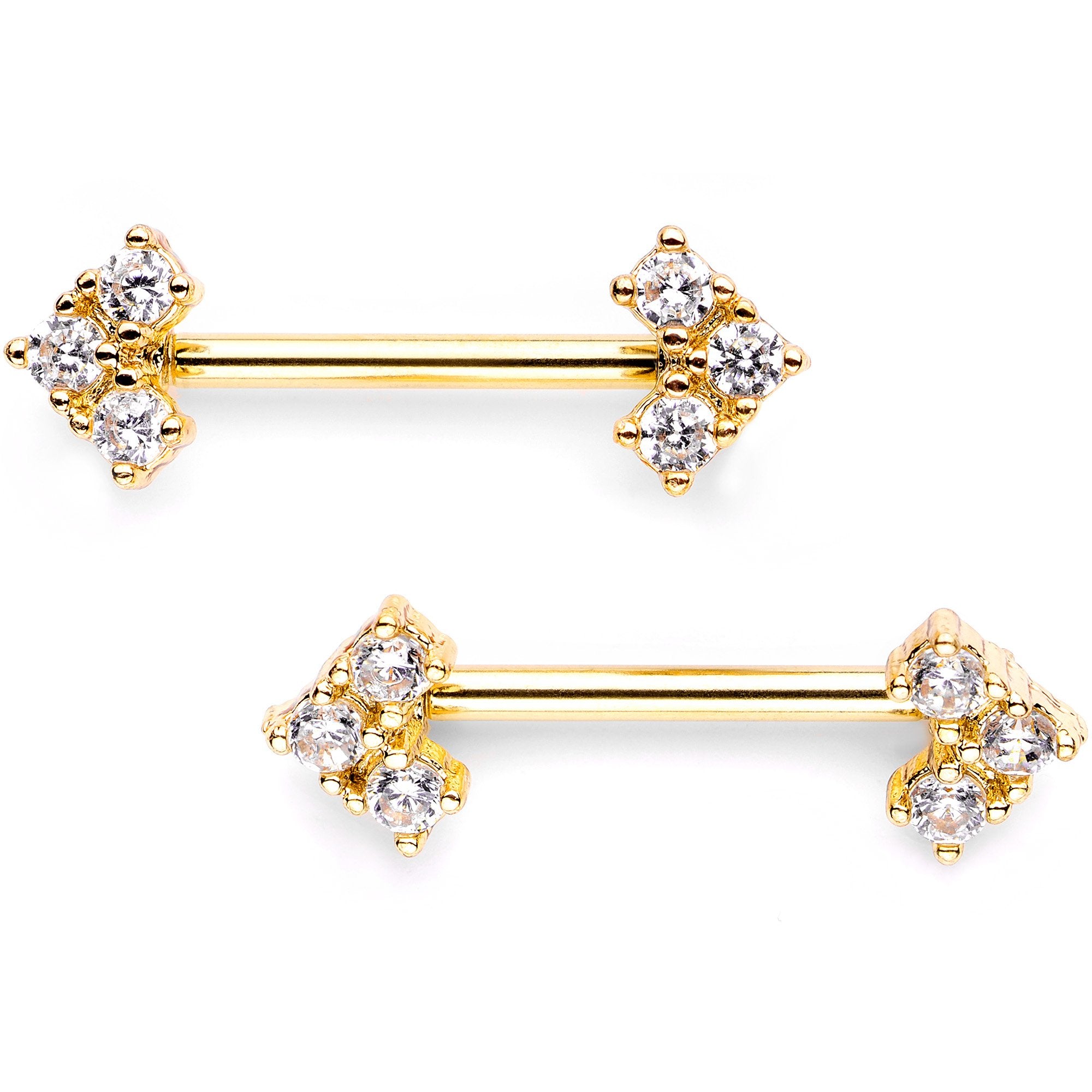 14G 9/16 Set of Clear CZ Gem Gold Tone Trifecta Barbell Nipple Ring