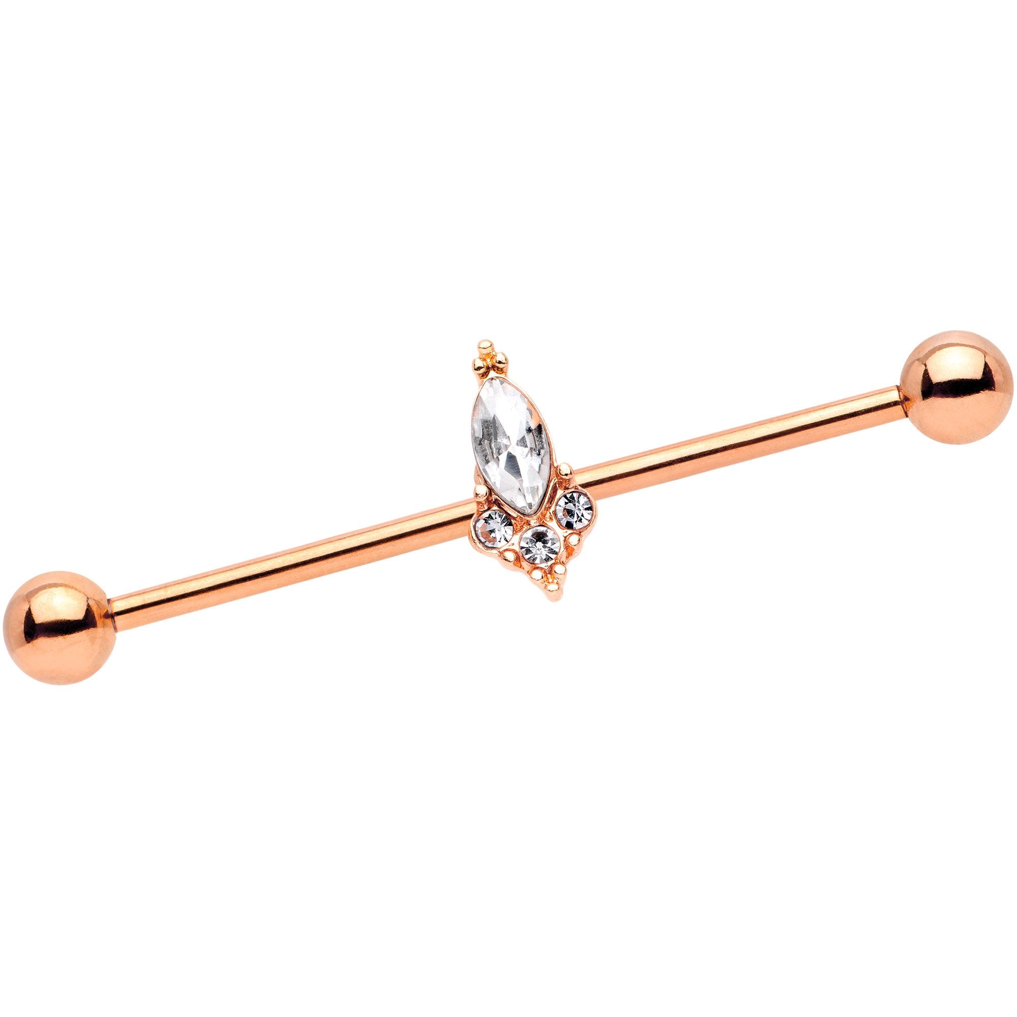 14G Clear Gem Rose Gold IP Enchant Industrial Barbell 35mm