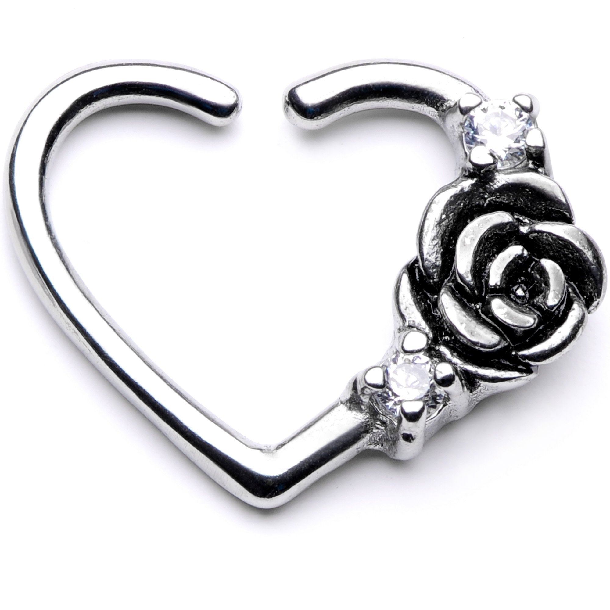 16G 3/8 Clear CZ Gem Rose Flower Left Heart Closure Ring