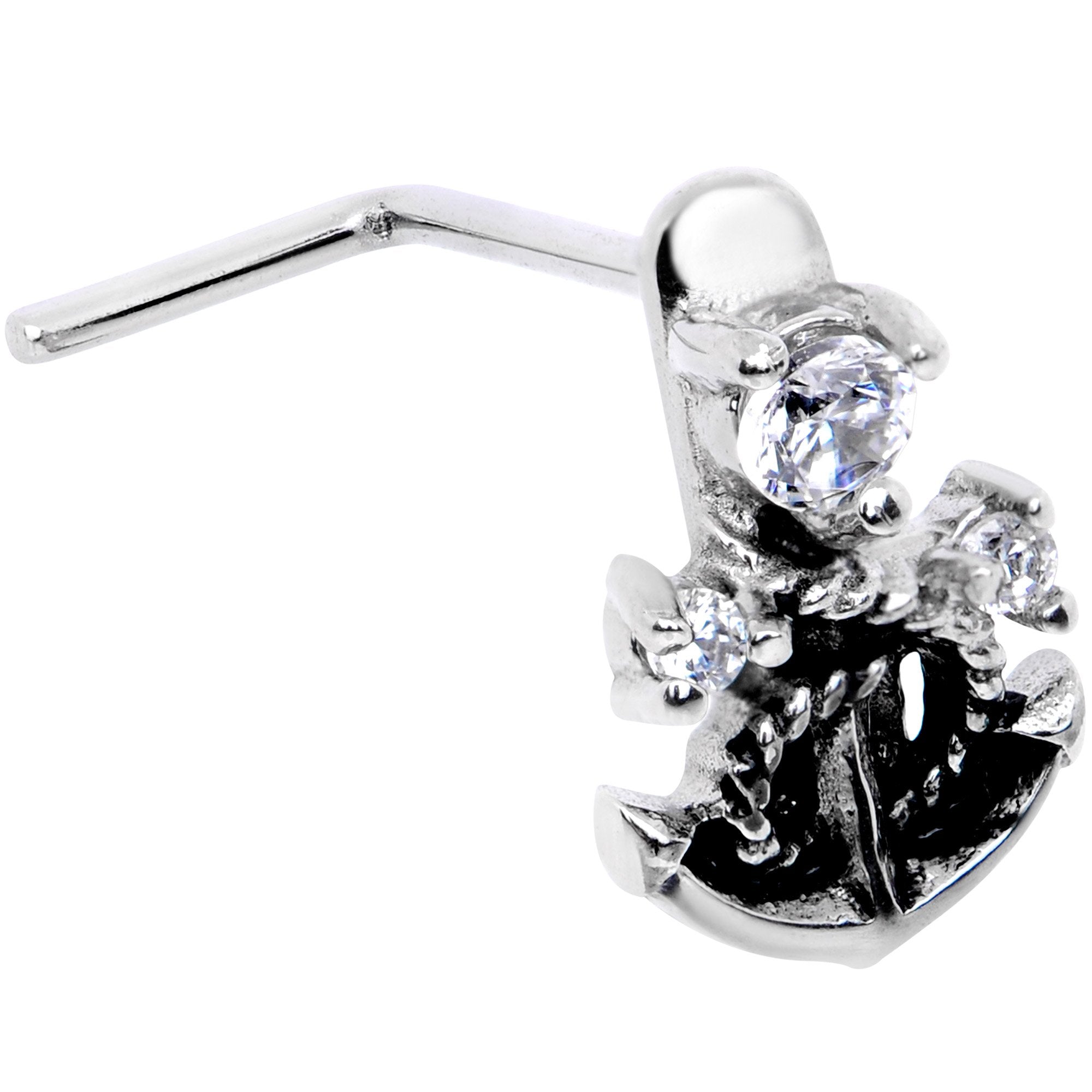 20G 1/4 Clear CZ Gem Nautical Anchor Faux Hoop L Shape Nose Ring