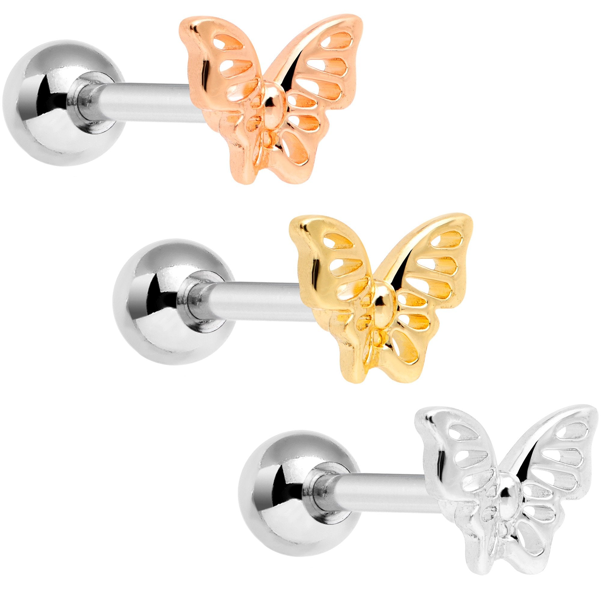 16G 1/4 Blush Butterfly Cartilage Tragus Earring Set of 3