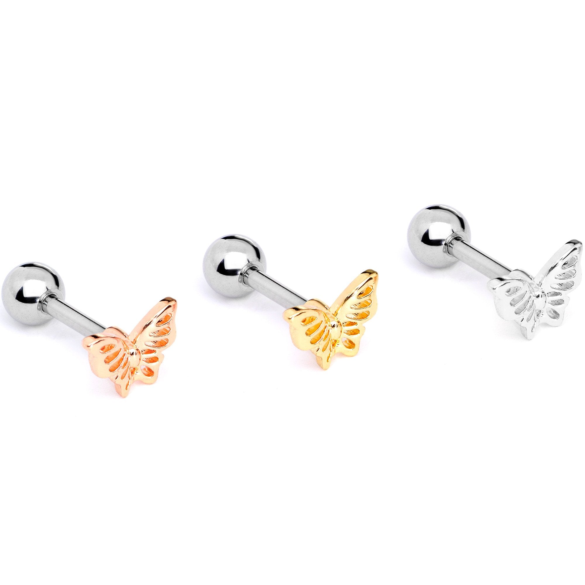 16G 1/4 Blush Butterfly Cartilage Tragus Earring Set of 3