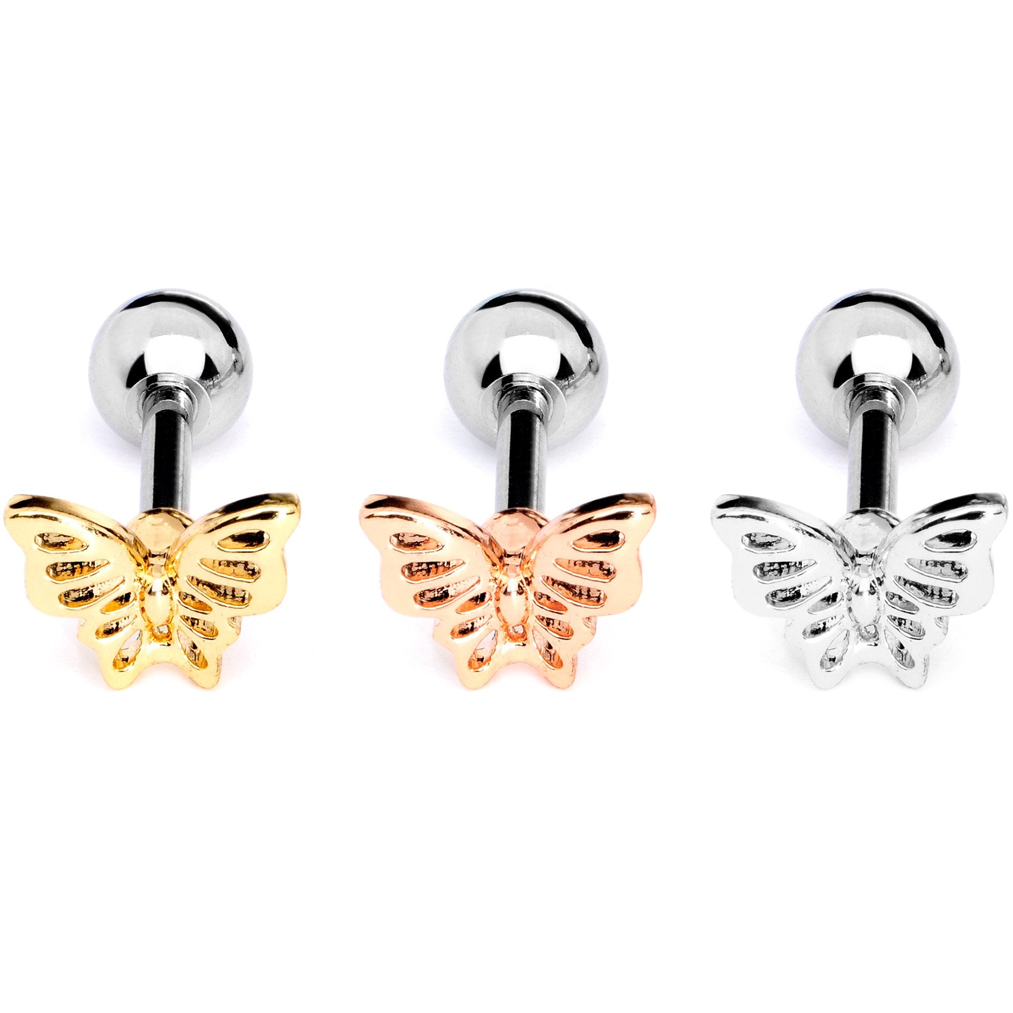 16G 1/4 Blush Butterfly Cartilage Tragus Earring Set of 3