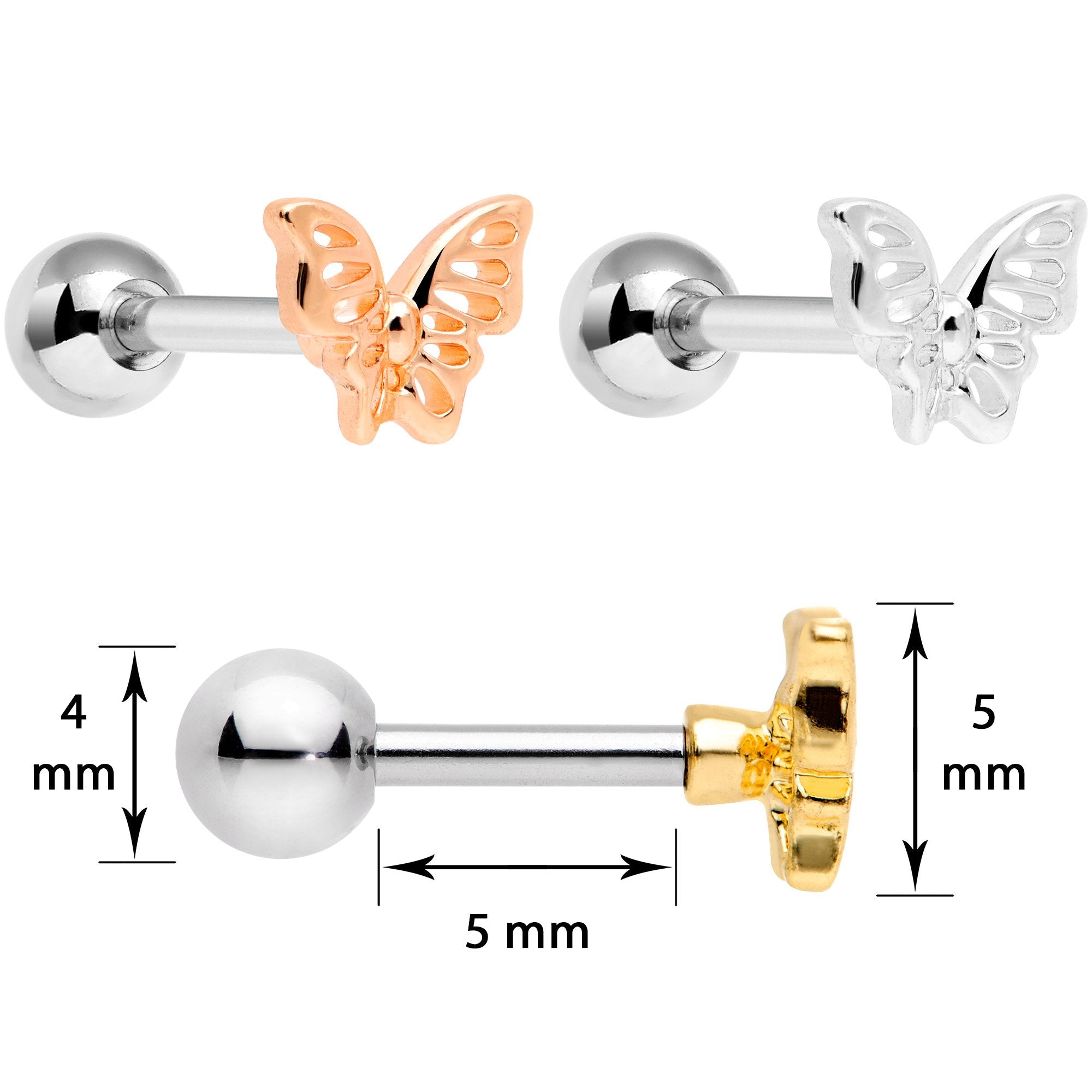 16G 1/4 Blush Butterfly Cartilage Tragus Earring Set of 3