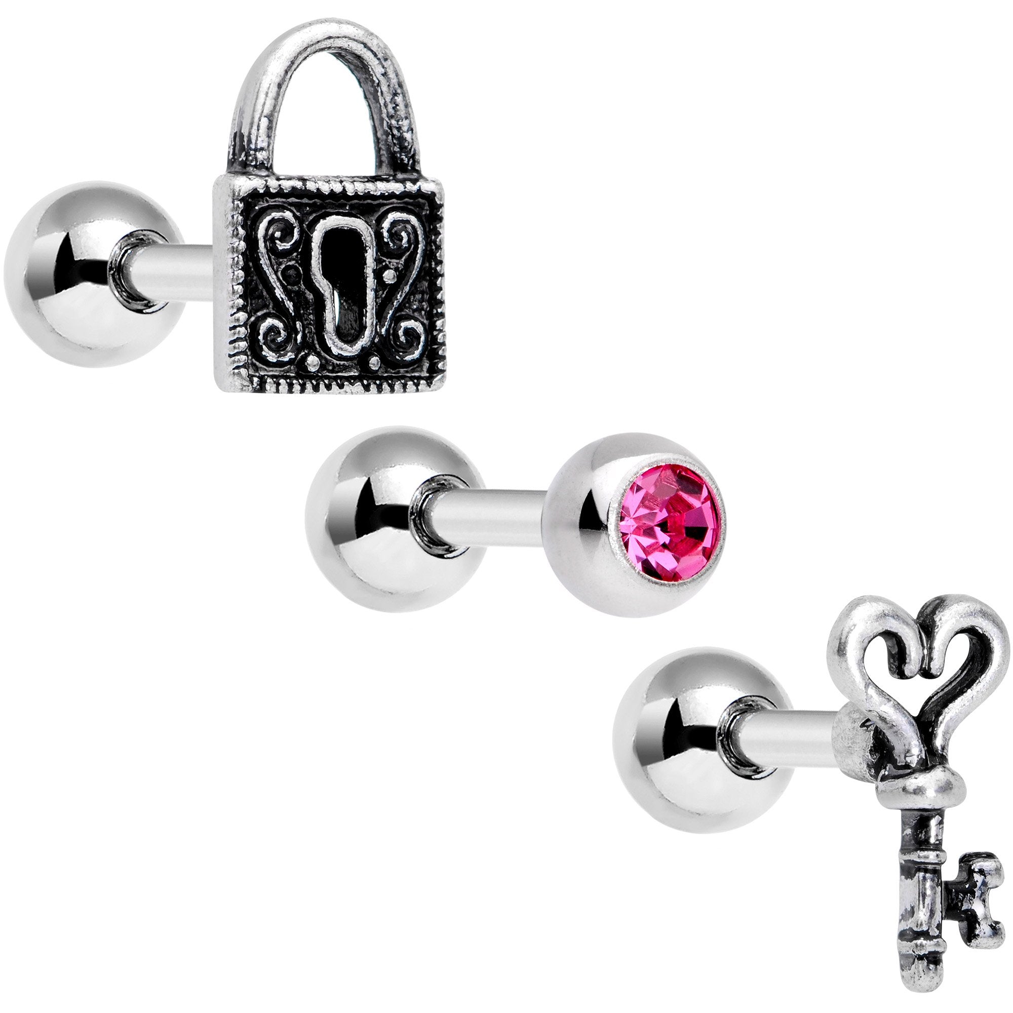 16G 1/4 Pink Gem Lock and Key Cartilage Tragus Earring Set of 3