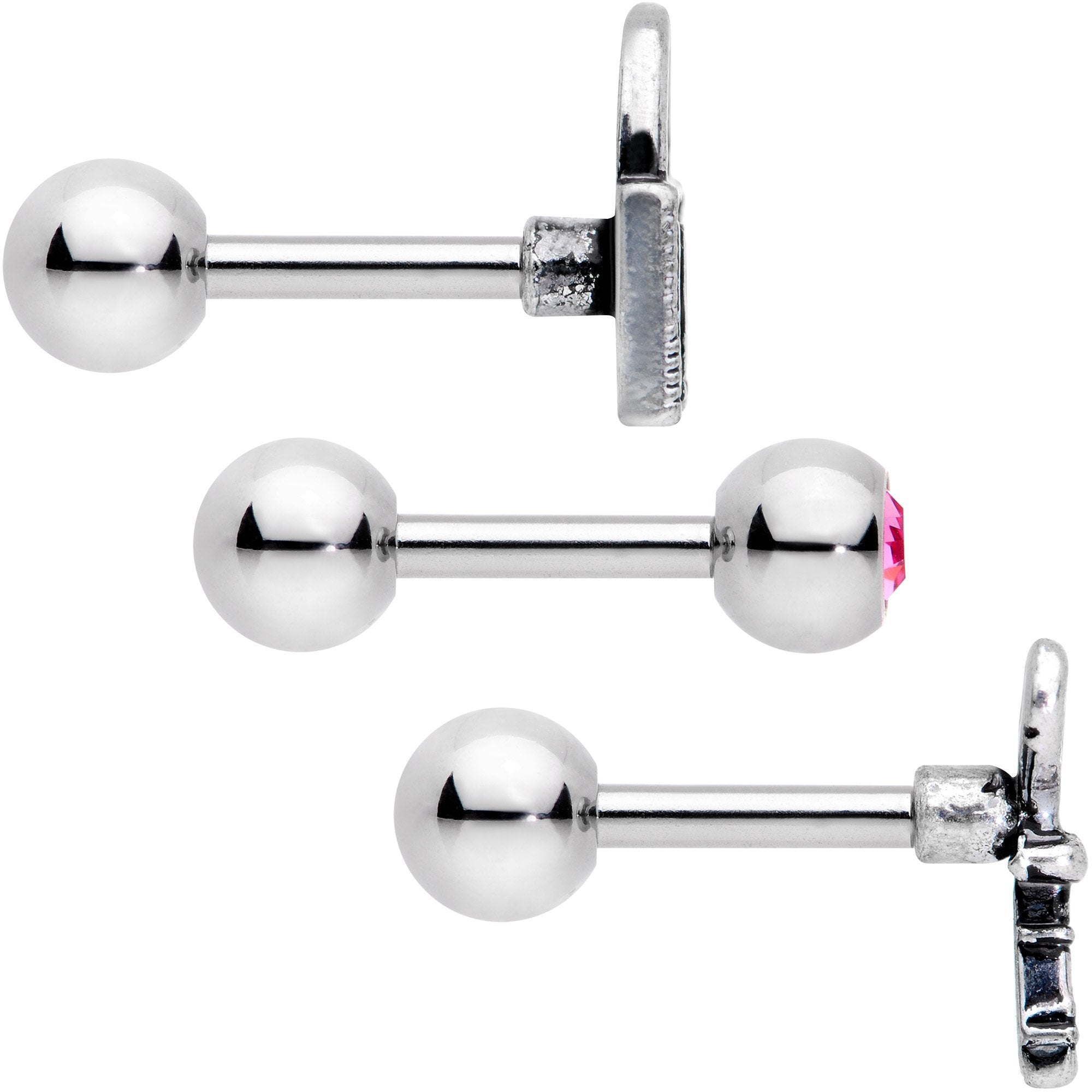 16G 1/4 Pink Gem Lock and Key Cartilage Tragus Earring Set of 3