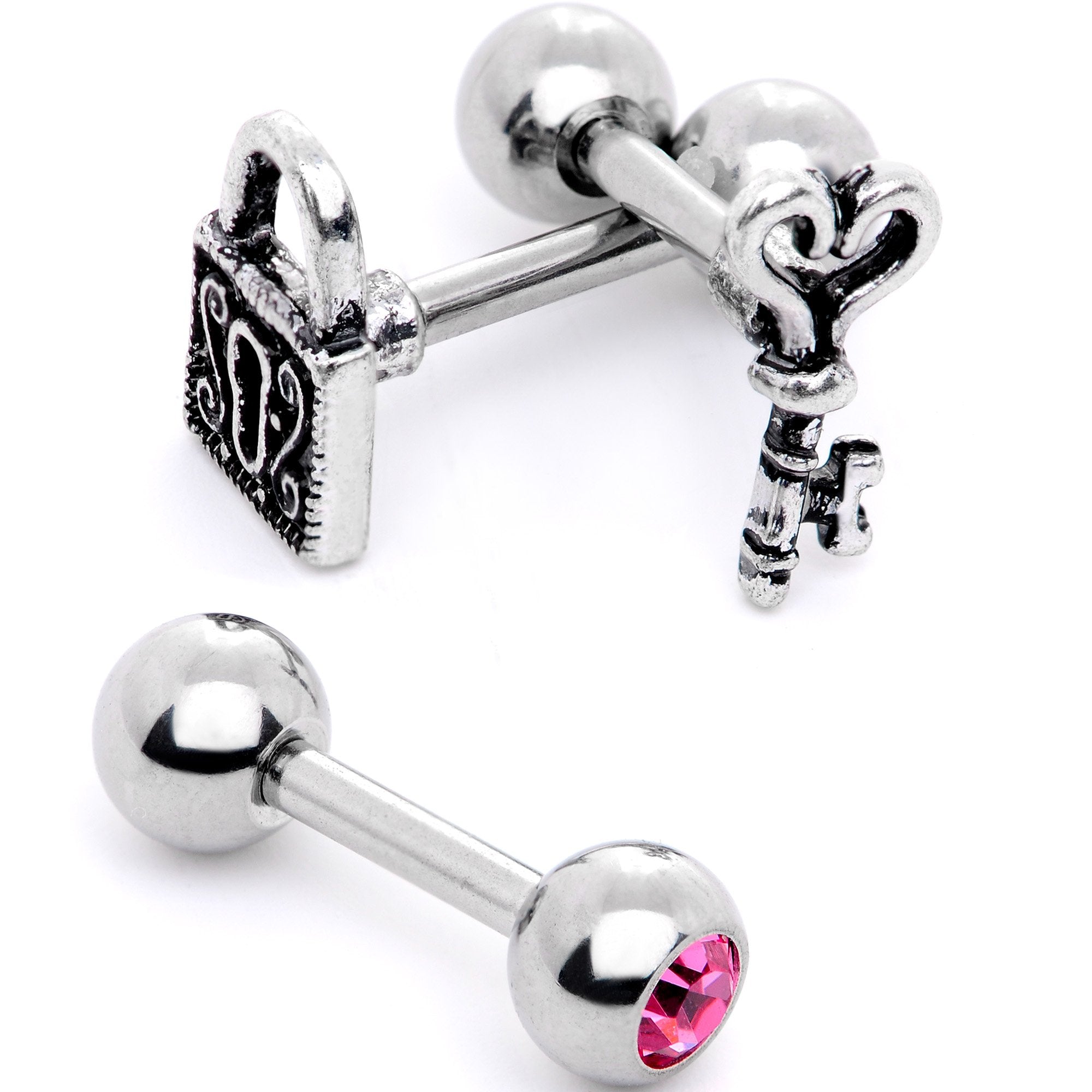 16G 1/4 Pink Gem Lock and Key Cartilage Tragus Earring Set of 3
