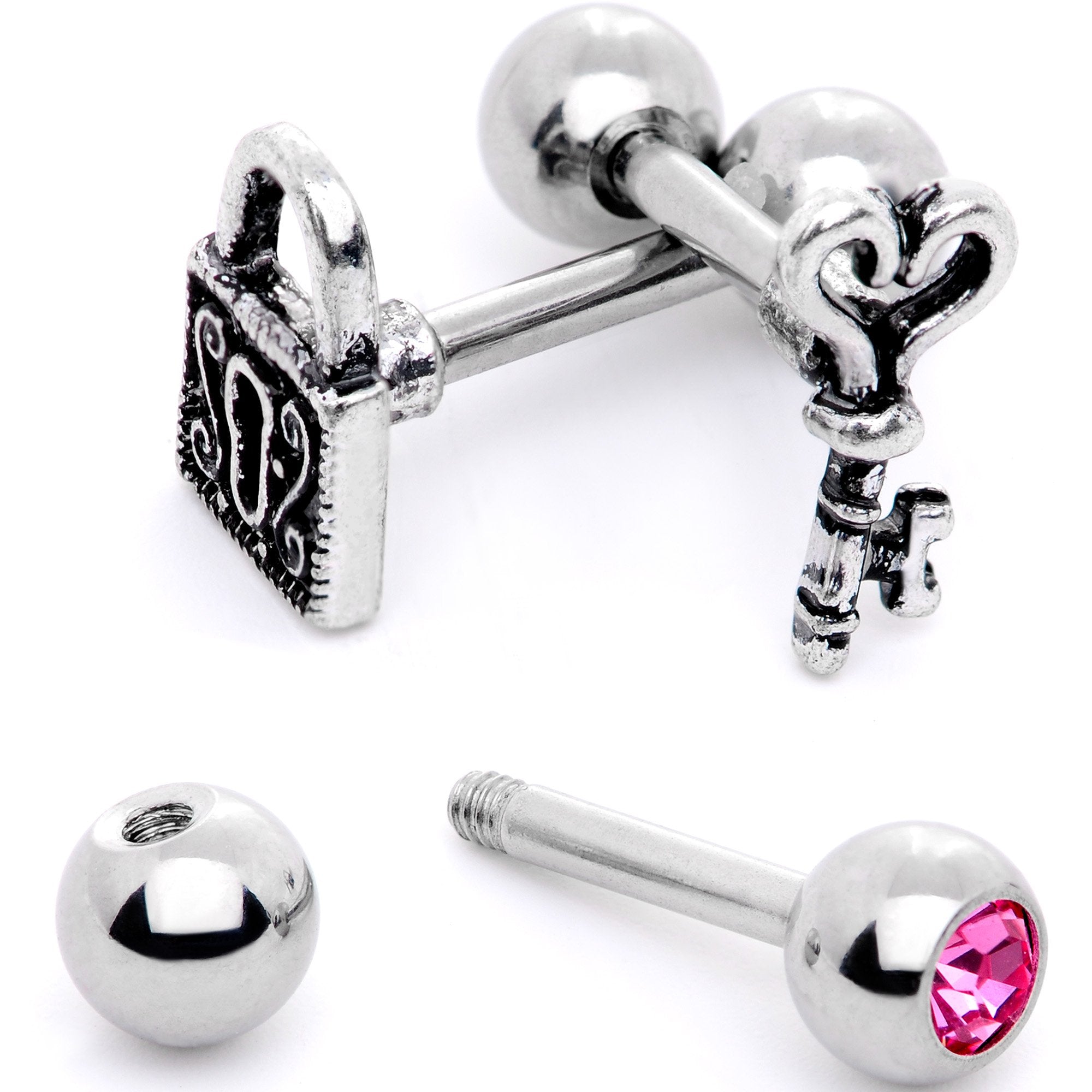 16G 1/4 Pink Gem Lock and Key Cartilage Tragus Earring Set of 3