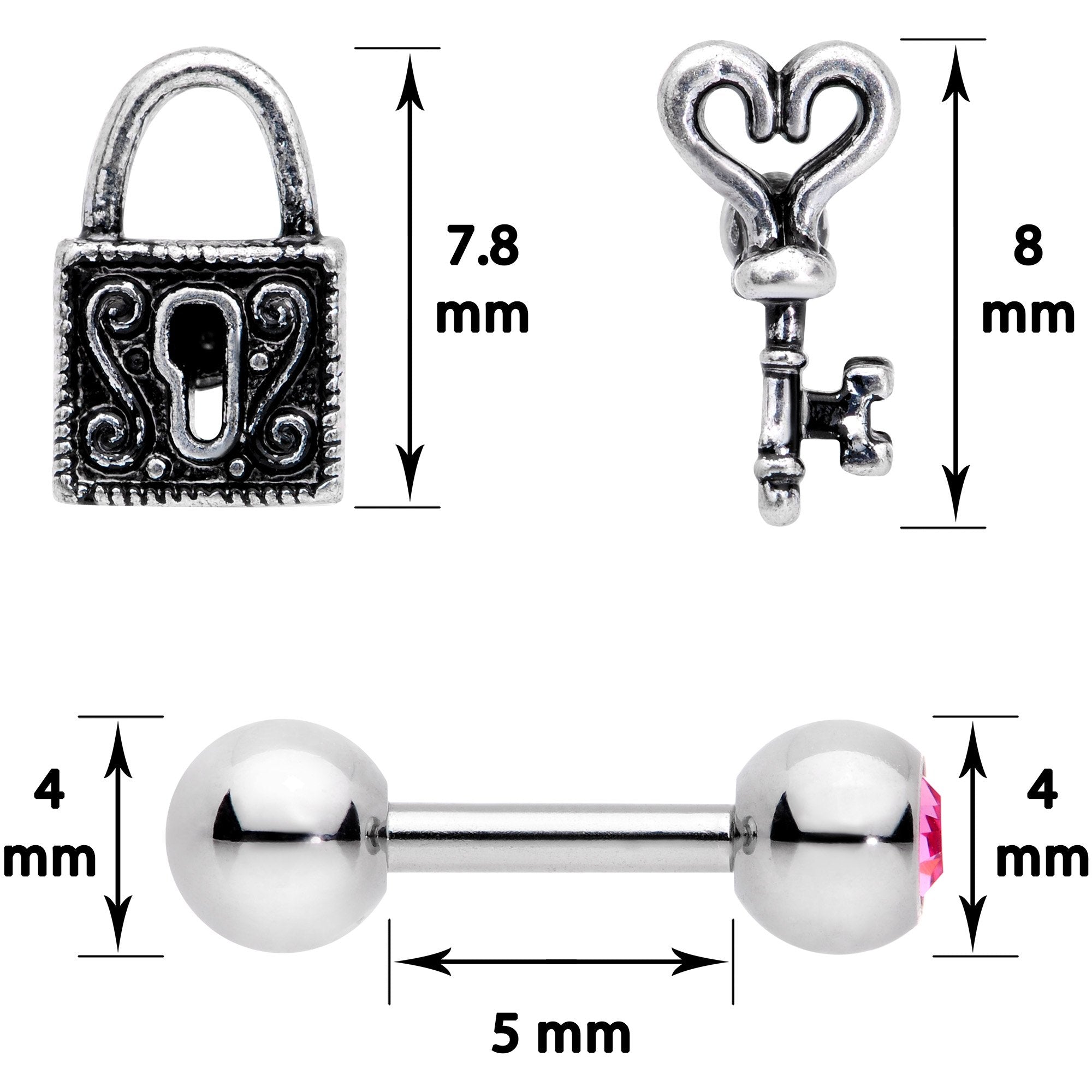16G 1/4 Pink Gem Lock and Key Cartilage Tragus Earring Set of 3