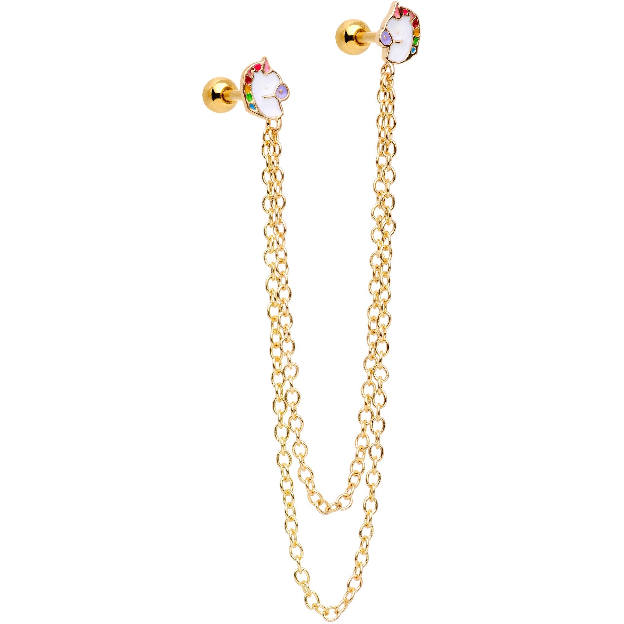 16G 1/4 Gold Tone Pretty Unicorns Cartilage Chain Earring