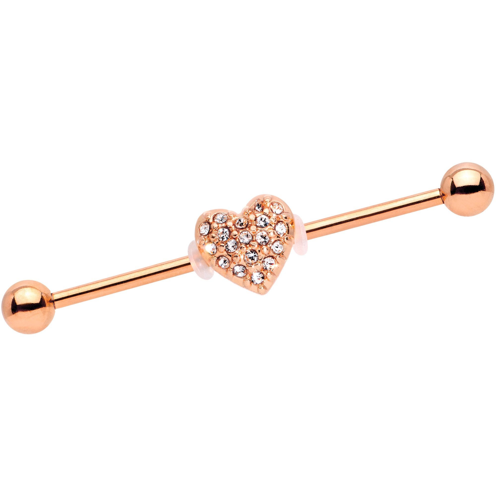 14G Clear Gem Heart Rose Gold Anodized Straight Industrial Barbell 38mm