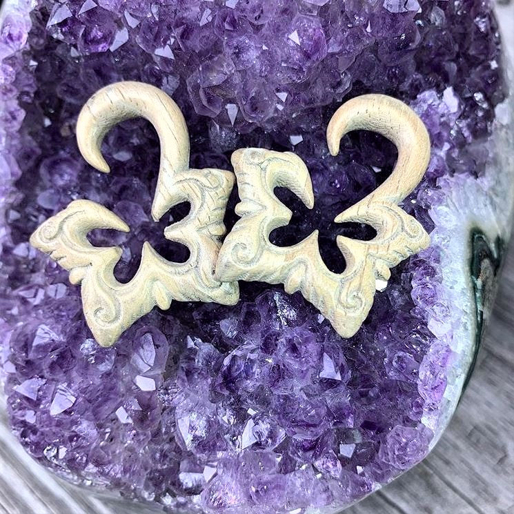 Organic Hand Carved Wood Lotus Flower Butterfly Hanger Plug Set 4mm to 10mm