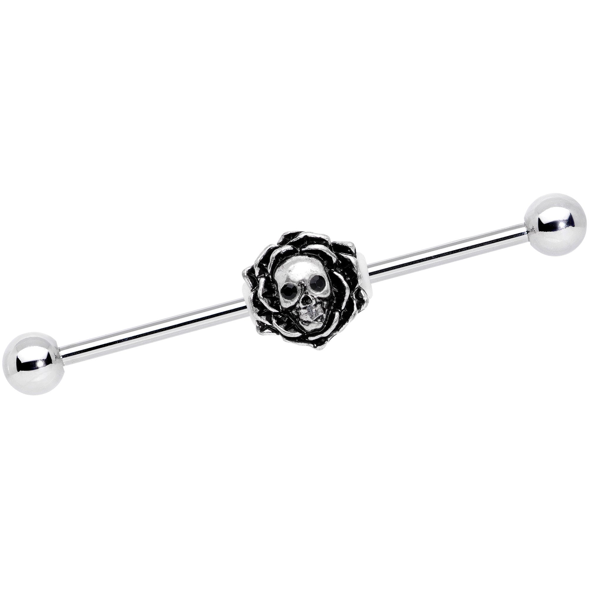 14G Halloween Rose Flower Skull Charm Straight Industrial Barbell 38mm