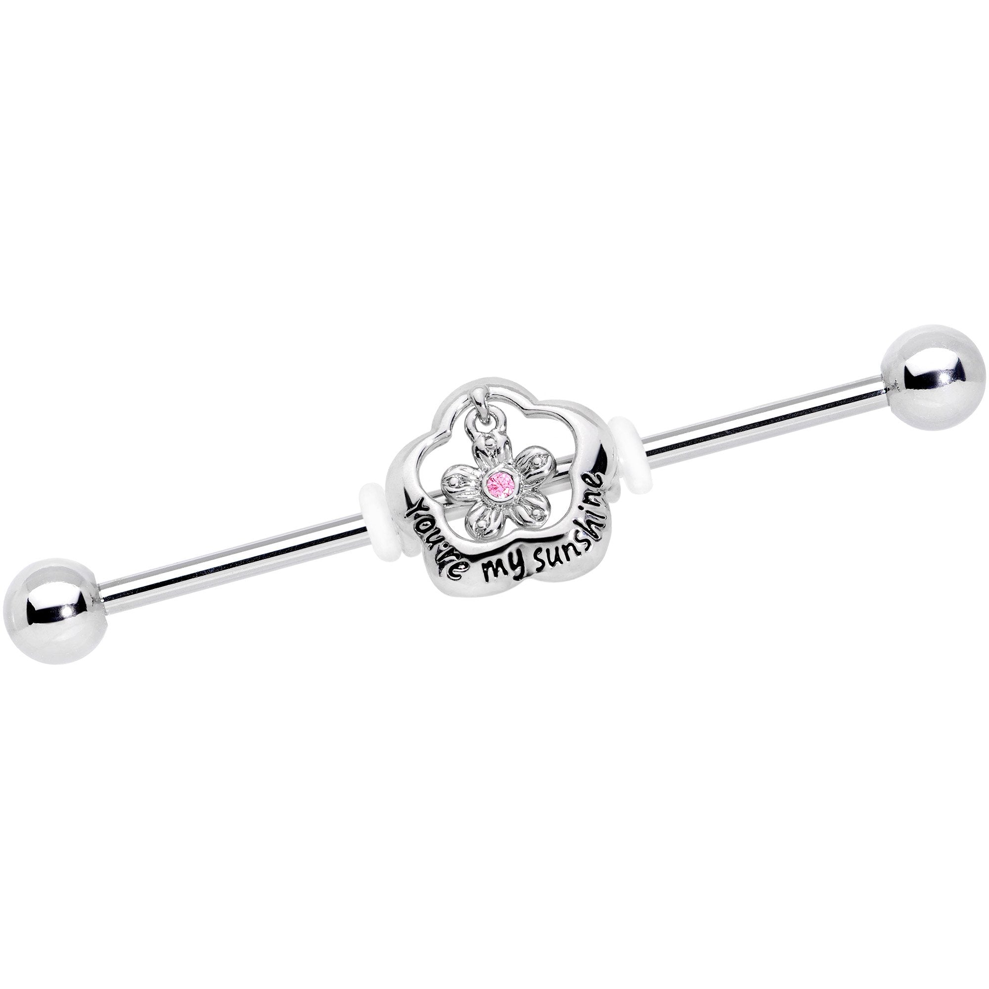 14G Pink Gem Flower My Sunshine Straight Industrial Barbell 38mm