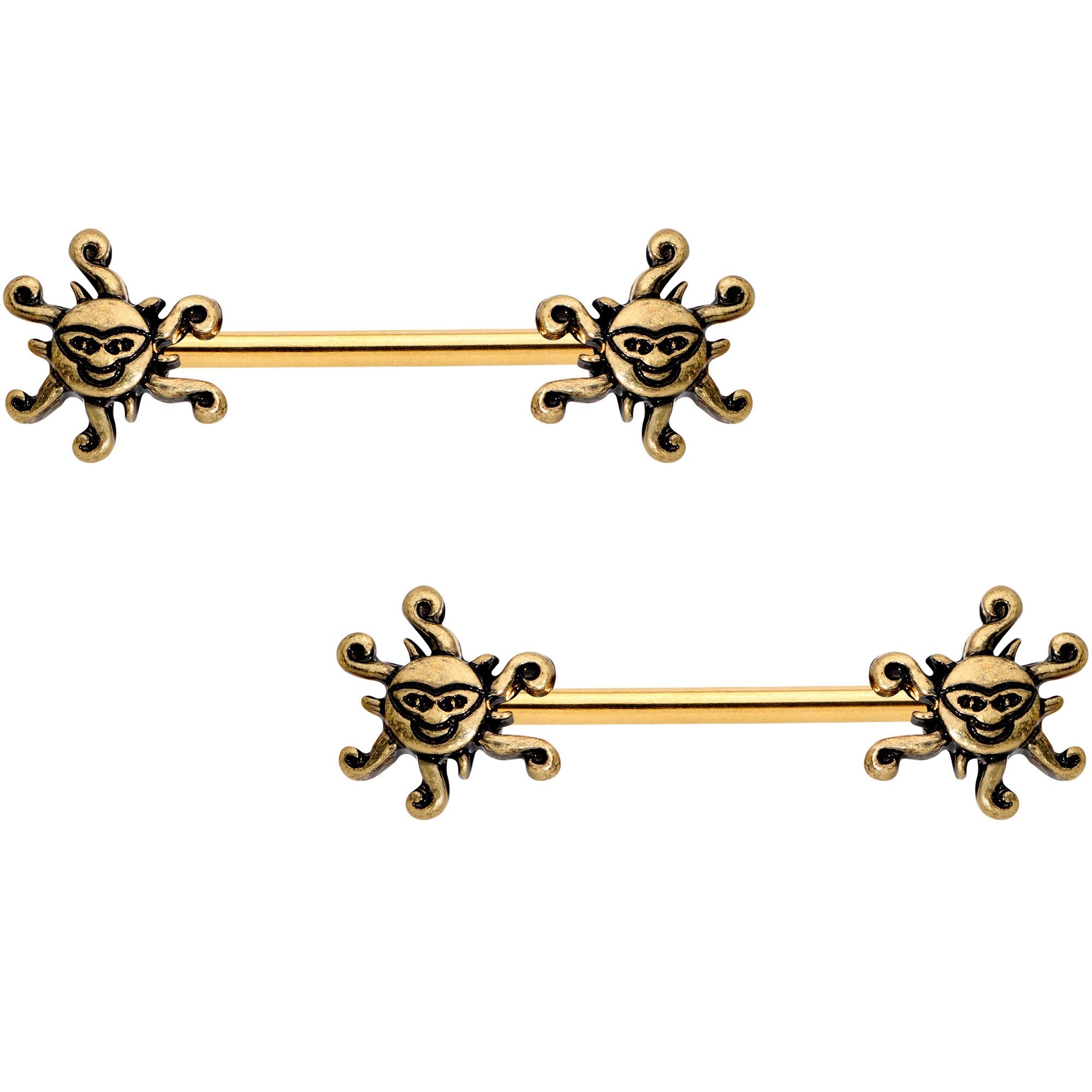 14G 9/16 Gold Tone Summer Sunshine Barbell Nipple Ring Set