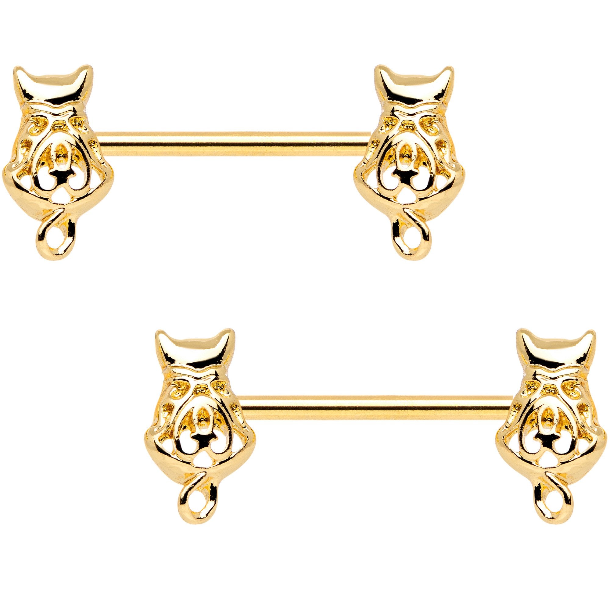 14G 9/16 Gold Tone Kitty Cat Barbell Nipple Ring Set