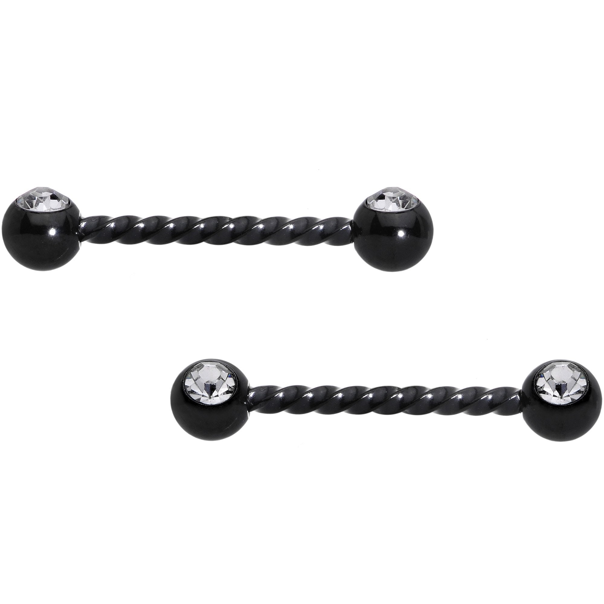 14G 5/8 Clear Gem Black Twisted Barbell Nipple Ring Set