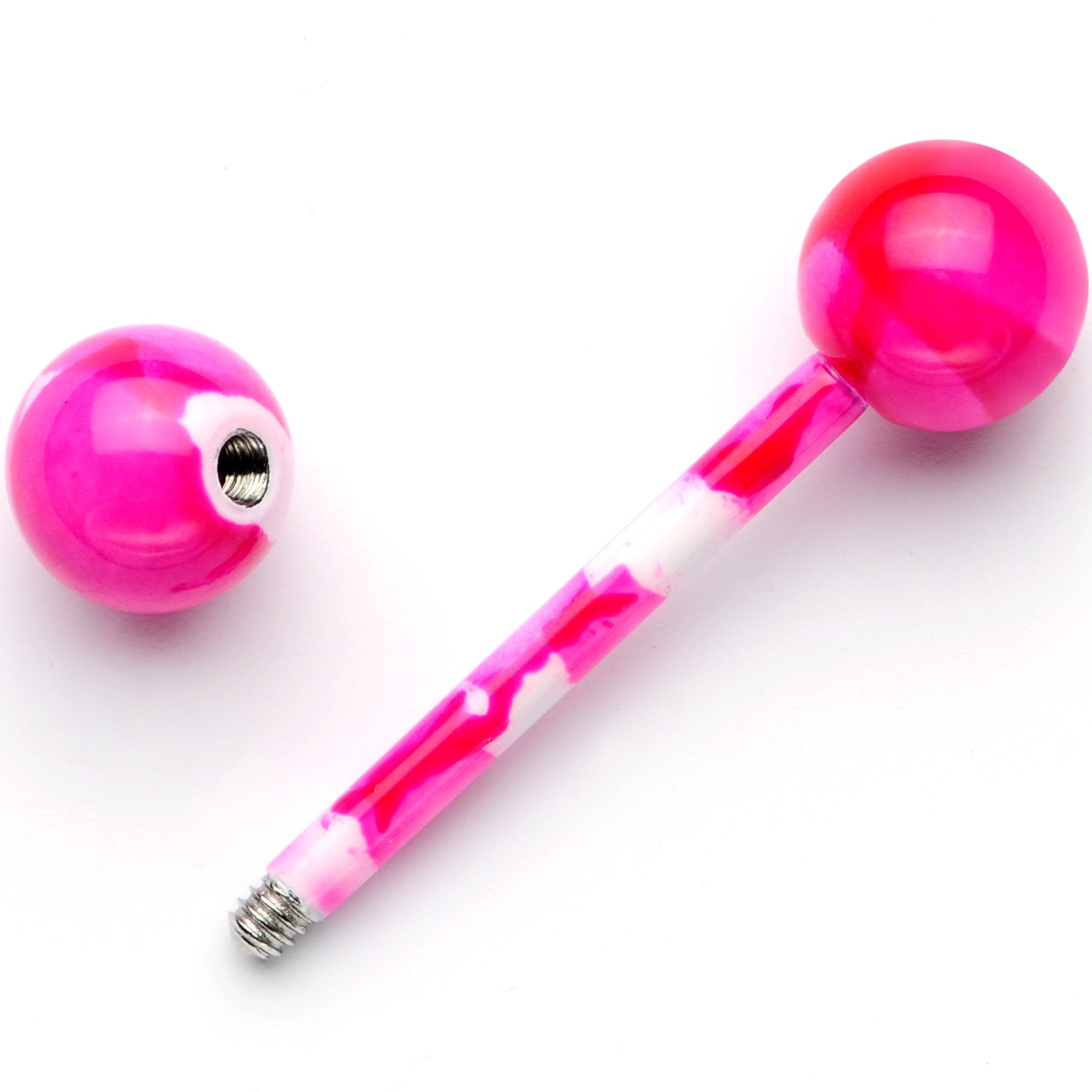 14G 5/8 Pink White Camouflage Straight Barbell Tongue Ring