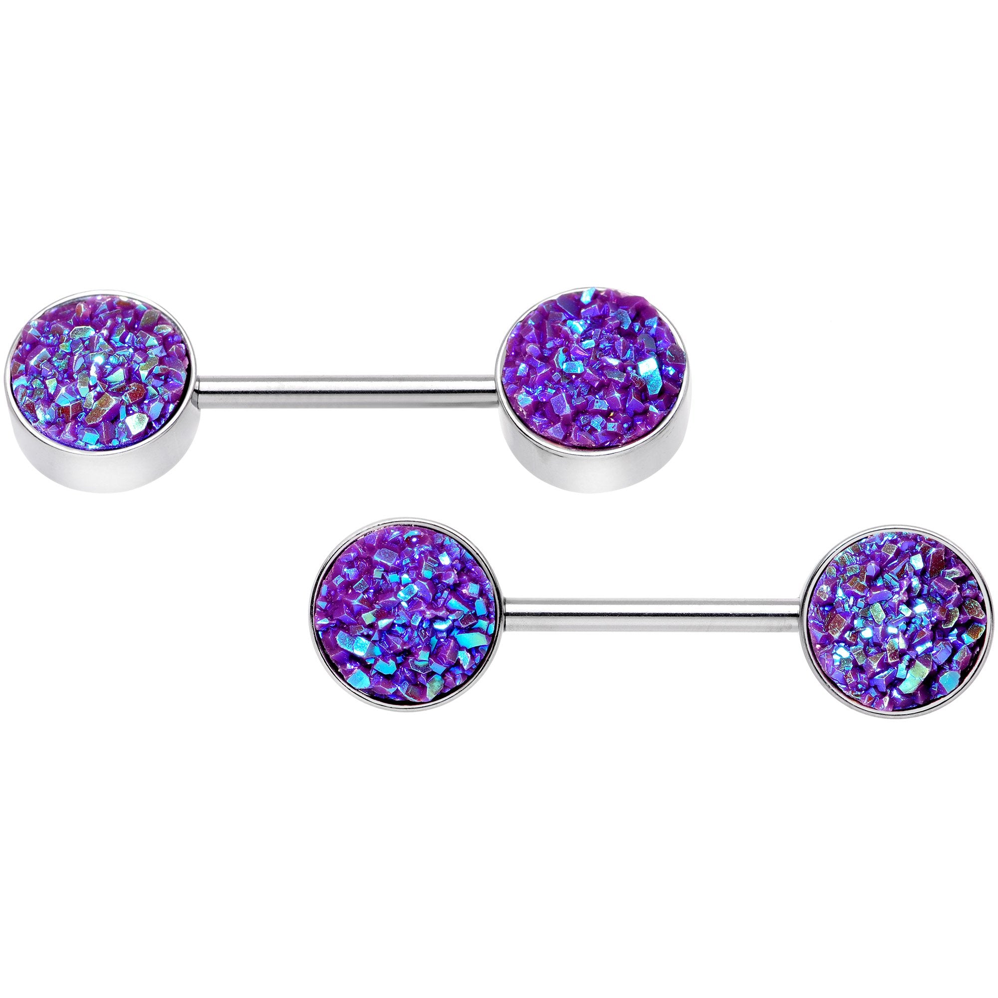14G 9/16 Purple Synthetic Druzy Paradise Barbell Nipple Ring Set