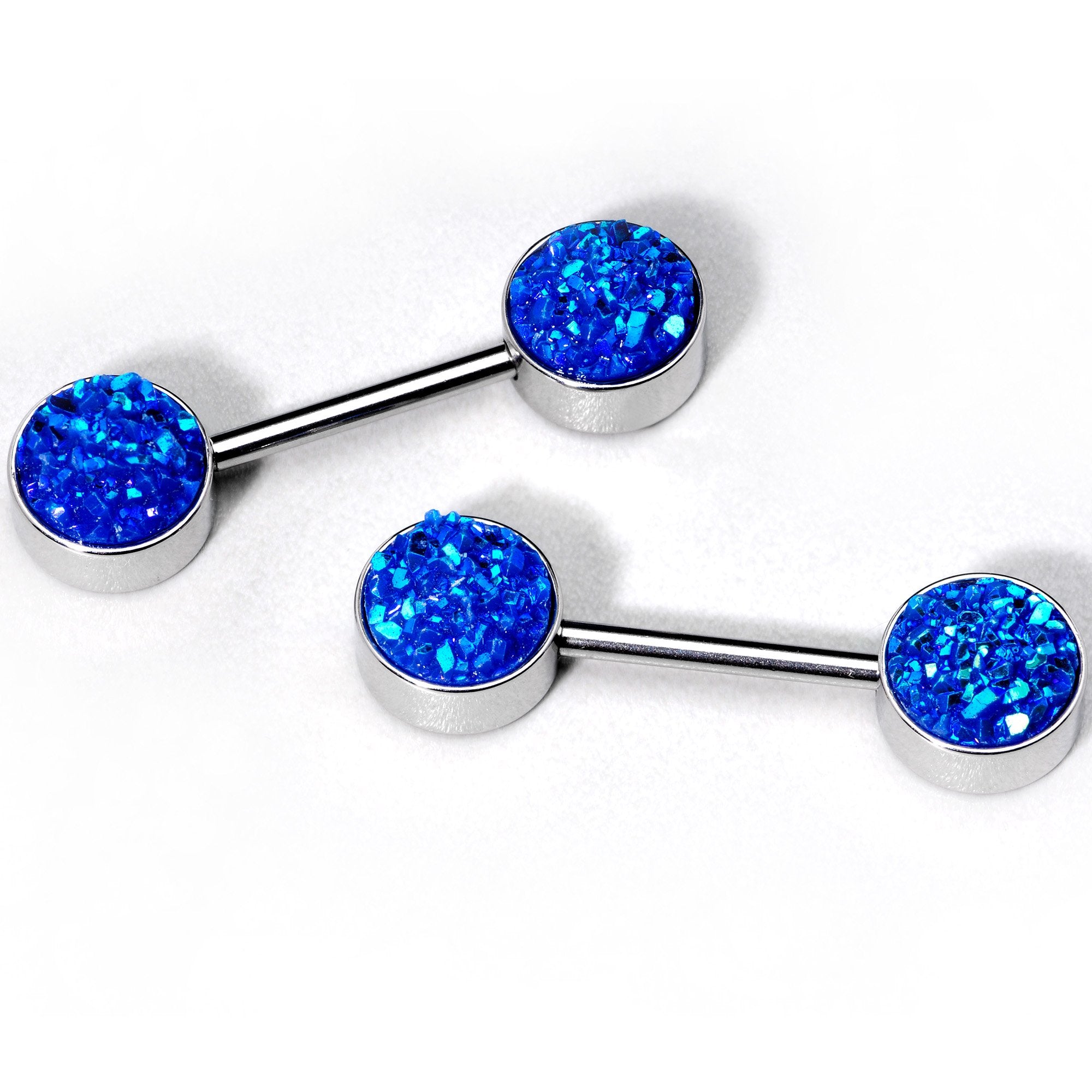 14G 9/16 Blue Synthetic Druzy Bodacious Barbell Nipple Ring Set