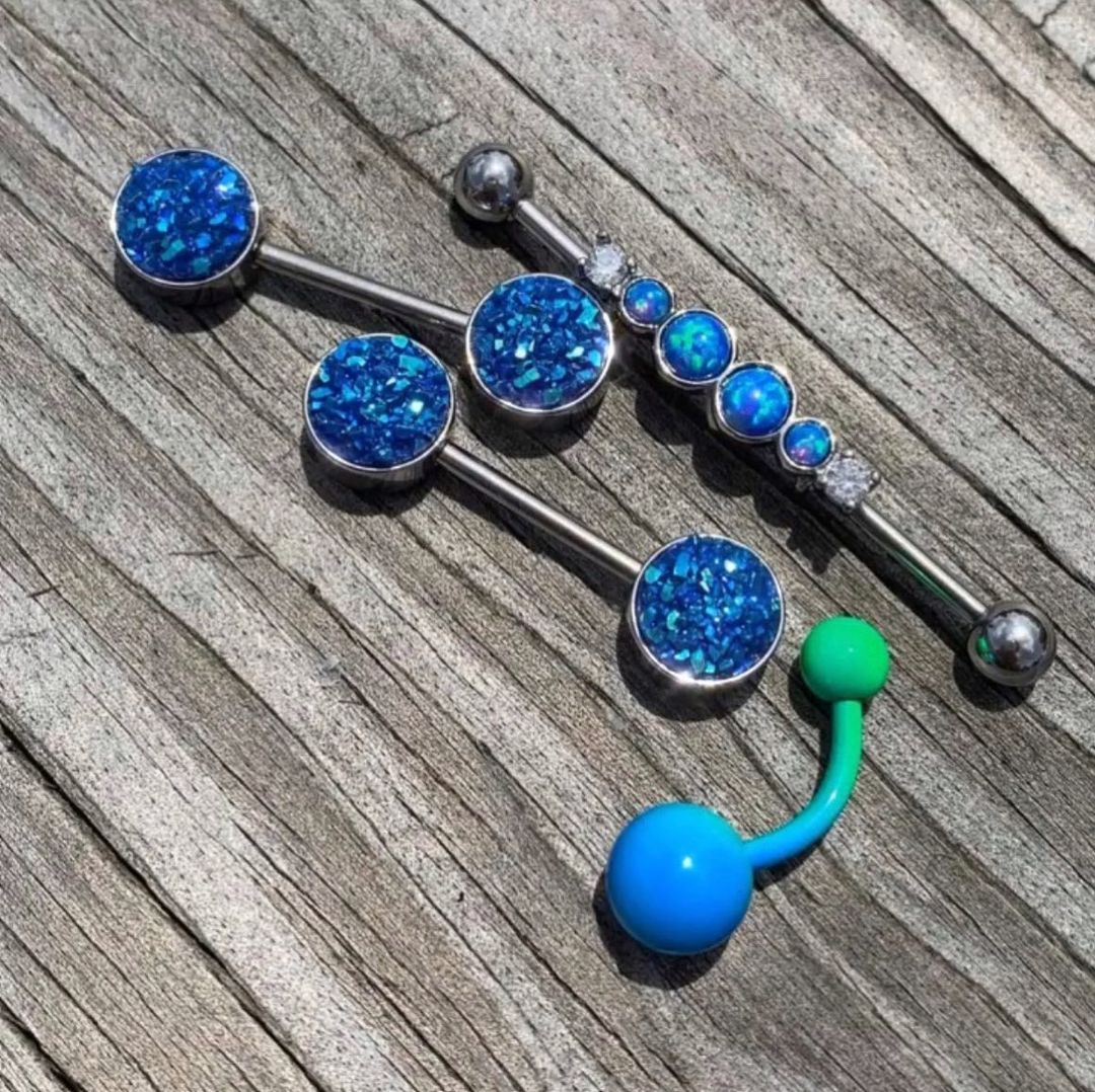 14G 3/8 Color Plated Blue Green Fade Belly Ring