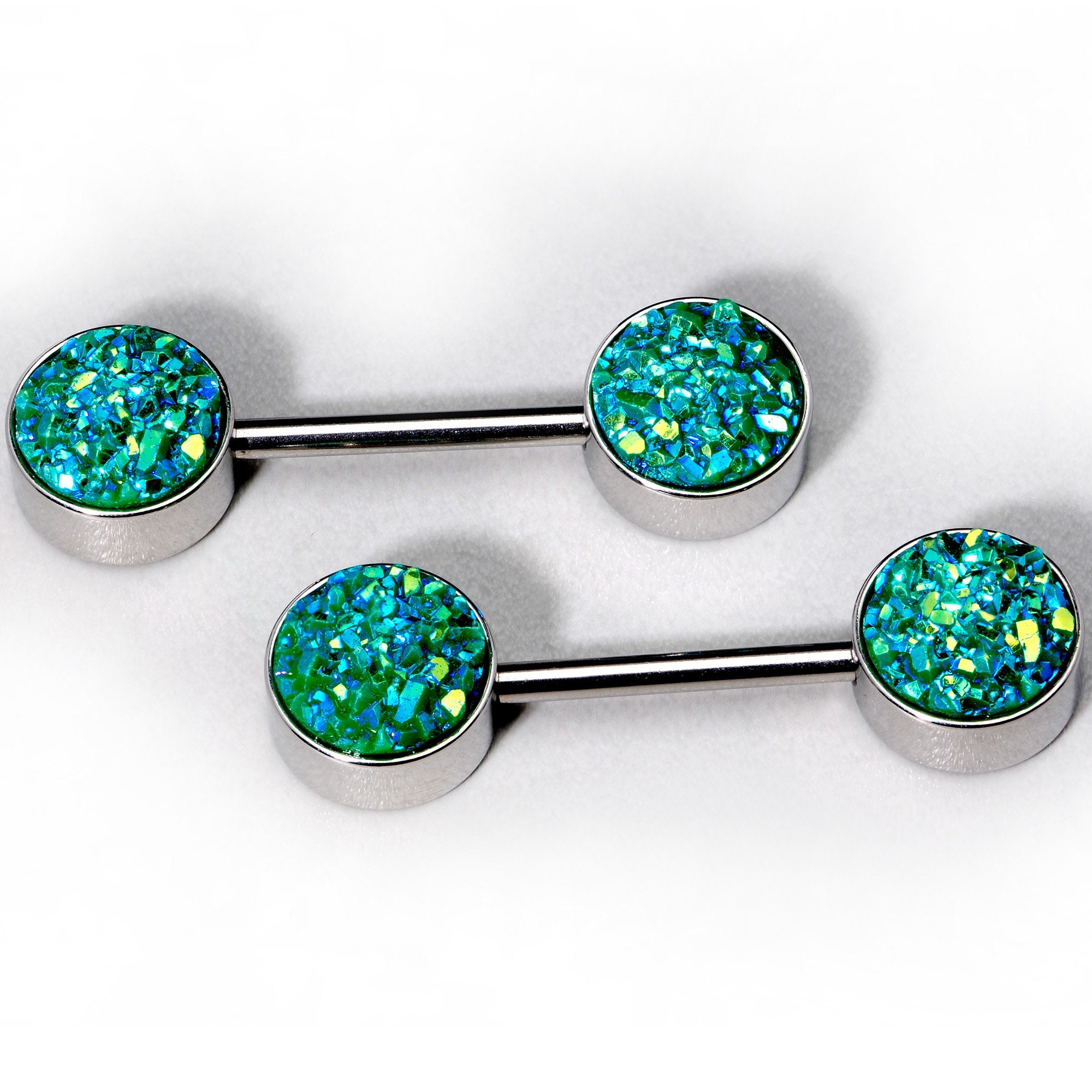 14G 9/16 Green Synthetic Druzy Garden Barbell Nipple Ring Set