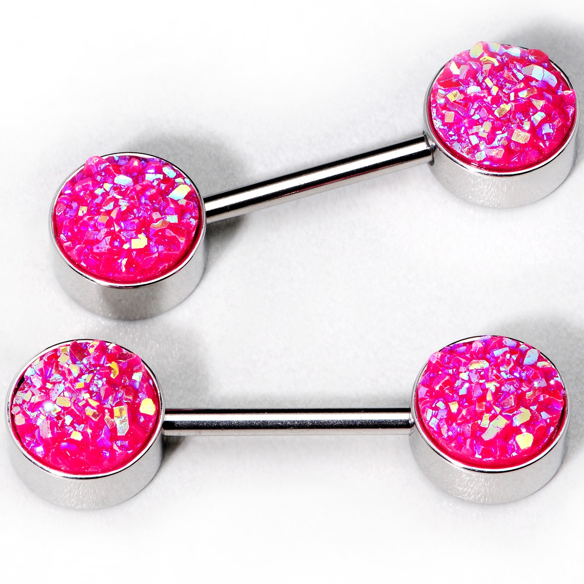 14G 9/16 Pink Synthetic Druzy Powerful Barbell Nipple Ring Set