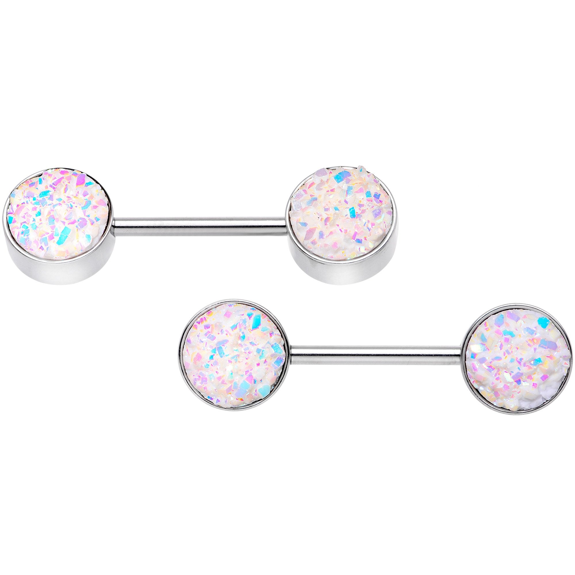 14G 9/16 White And Multi Synthetic Druzy Barbell Nipple Ring Set