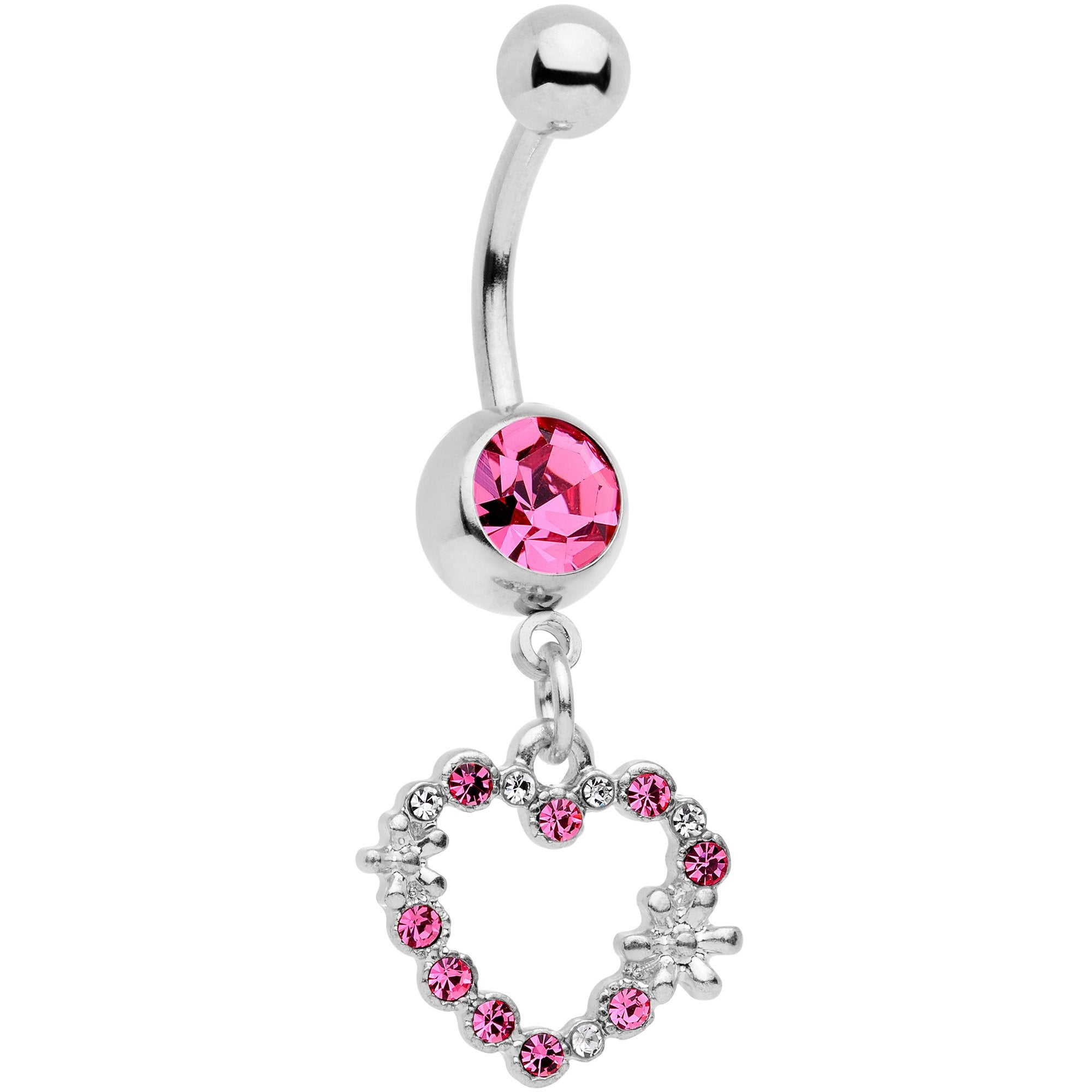Clear Pink Gem Valentine Flower Burst Heart Dangle Belly Ring