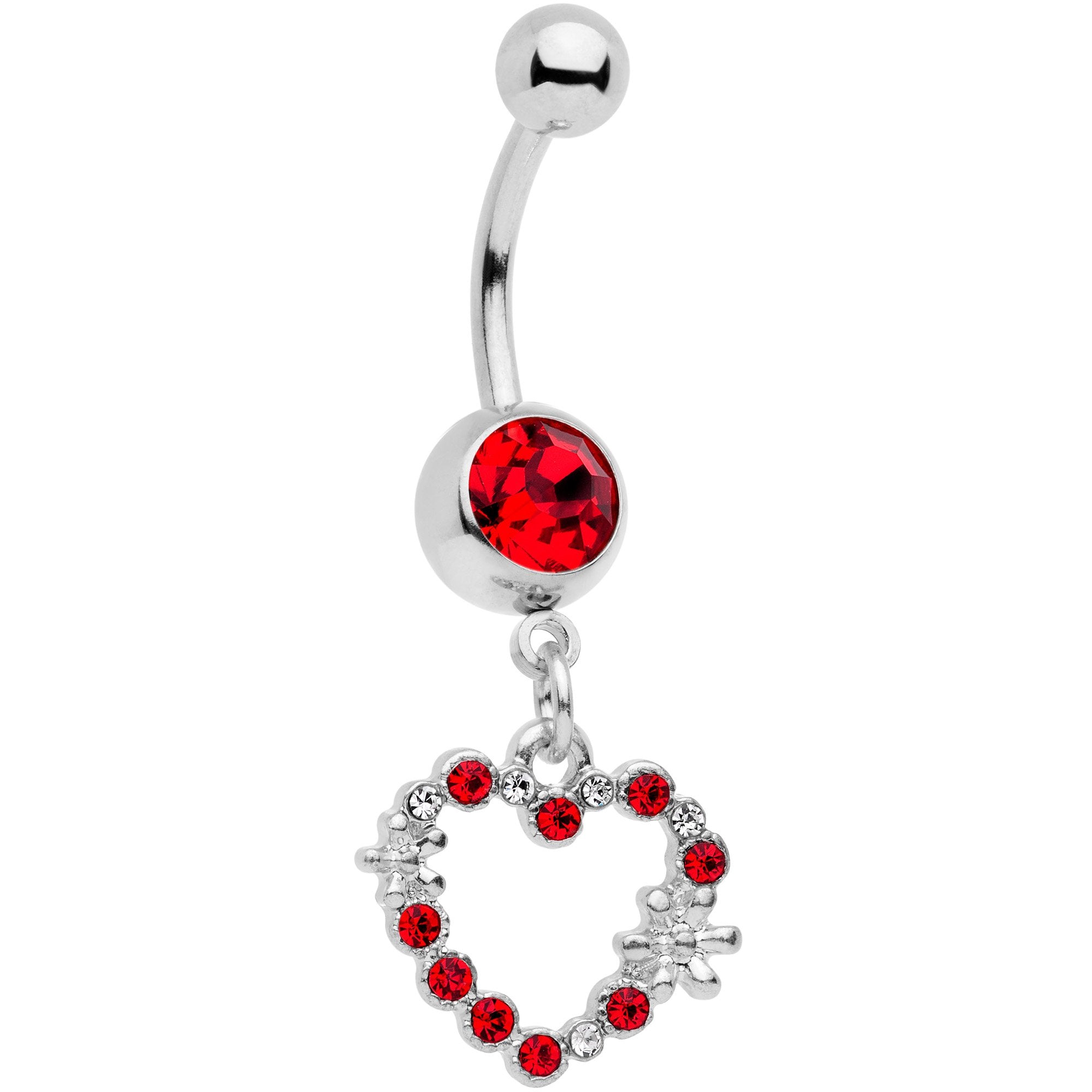 Clear Red Gem Valentine Flower Burst Heart Dangle Belly Ring