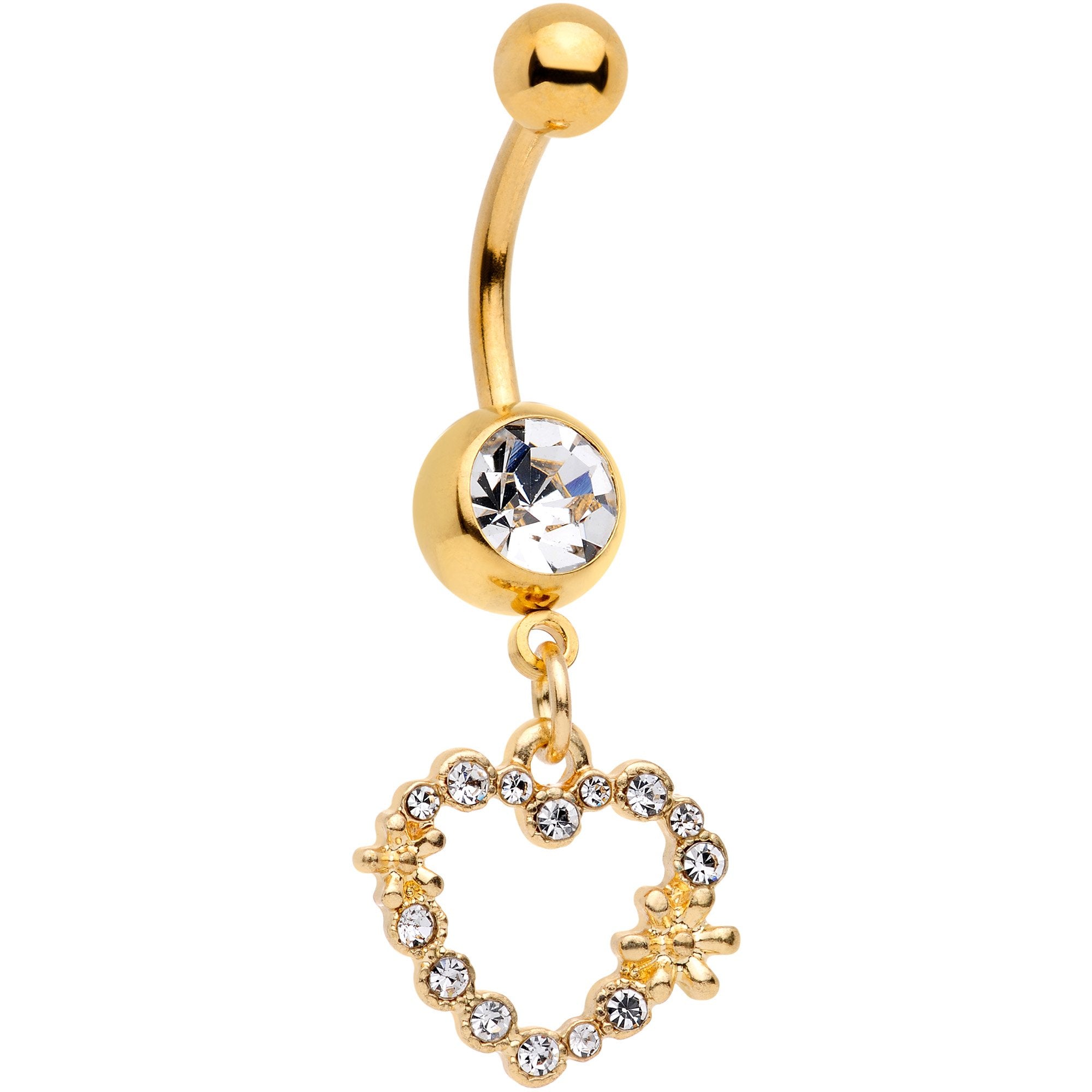 14G 7/16 Clear Gem Gold Tone Heart Dangle Belly Ring