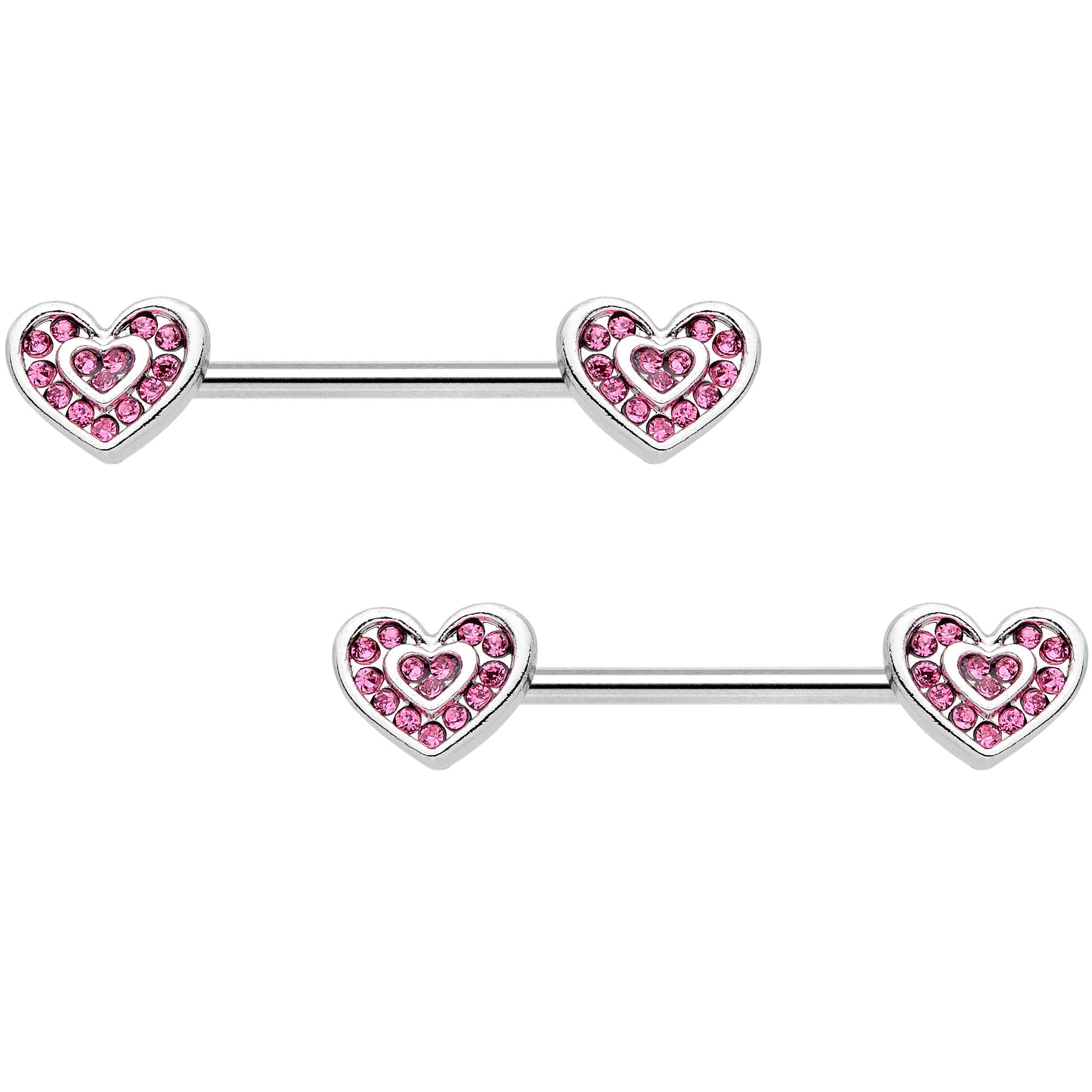 14G 9/16 Pink Gem Passionate Heart Barbell Nipple Ring Set