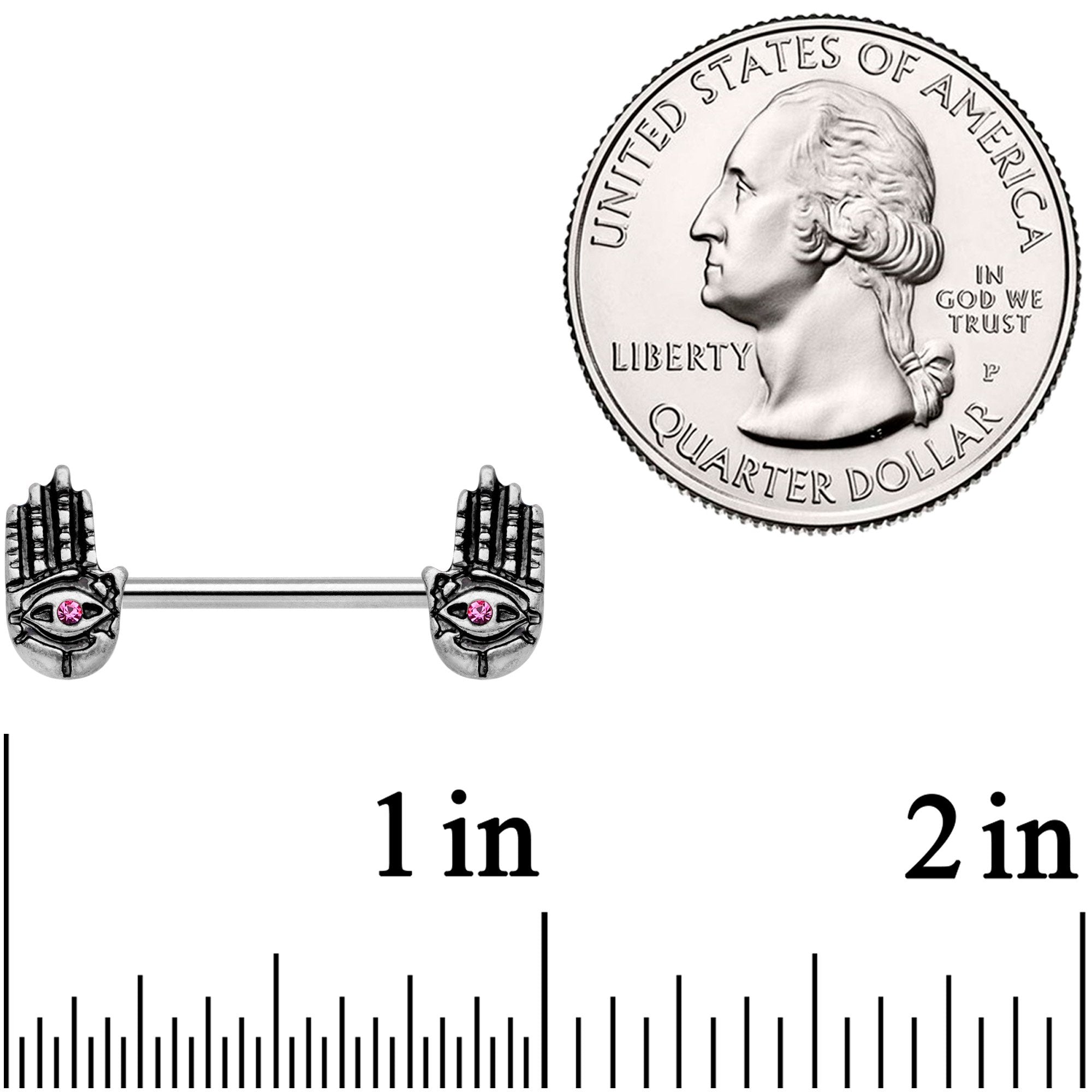 14G 9/16 Pink Gem Hamsa Hand Barbell Nipple Ring Set