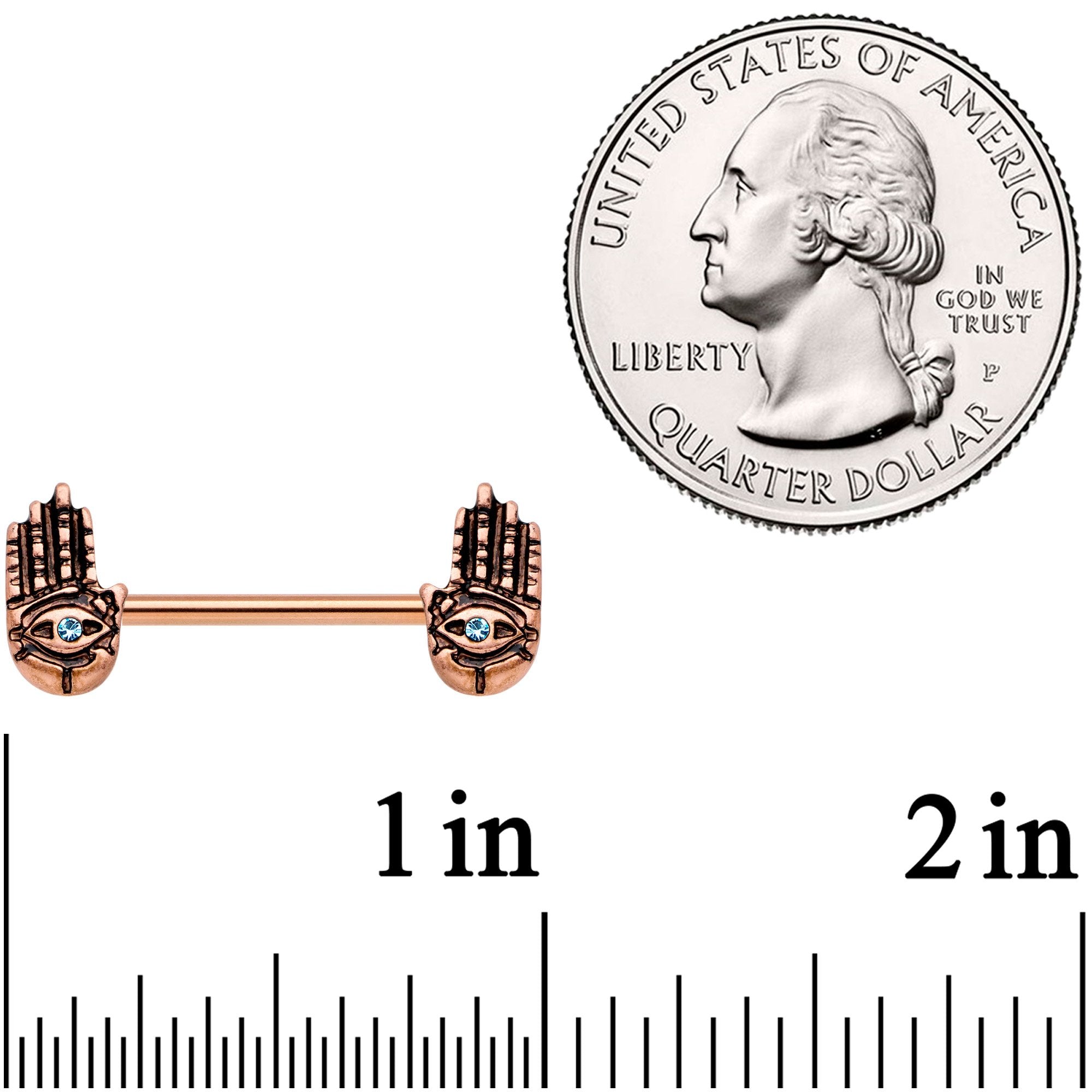 9/16 Aqua Gem Rose Gold Tone Hamsa Hand Barbell Nipple Ring Set