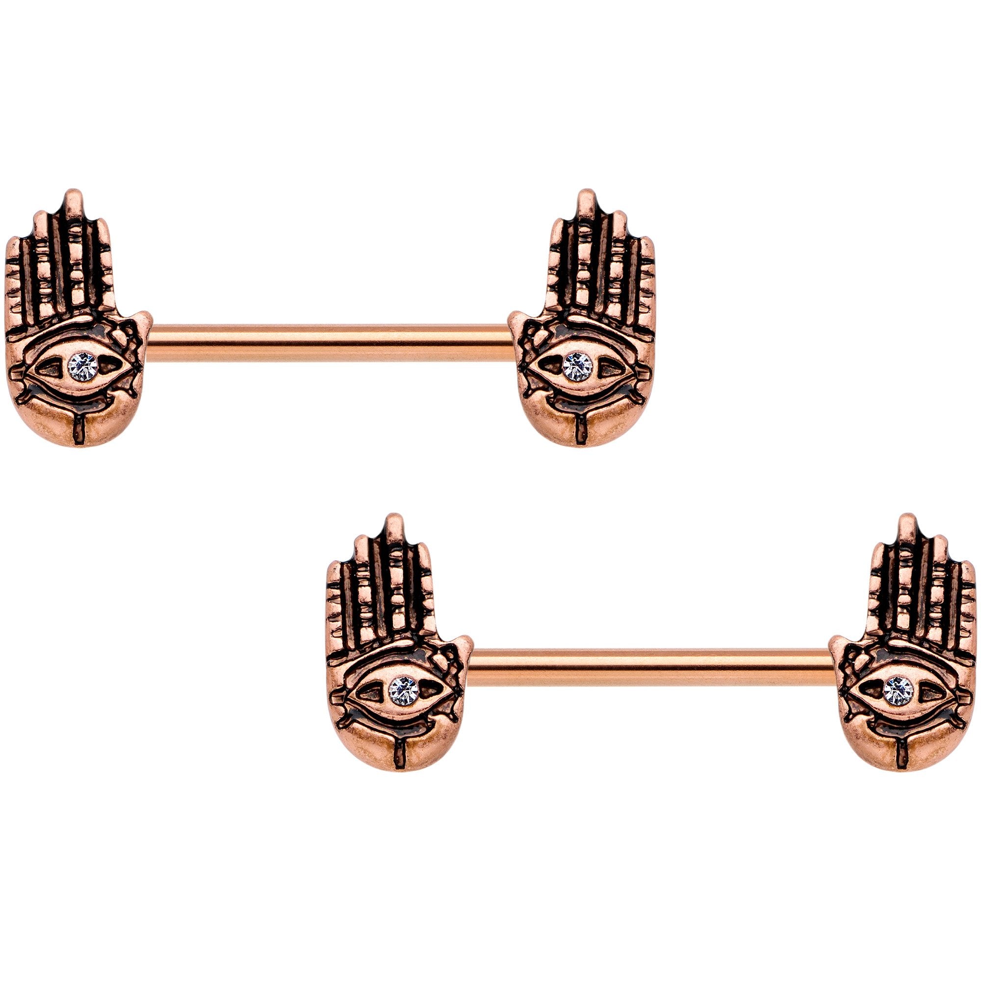 9/16 Clear Gem Rose Gold Tone Hamsa Hand Barbell Nipple Ring Set