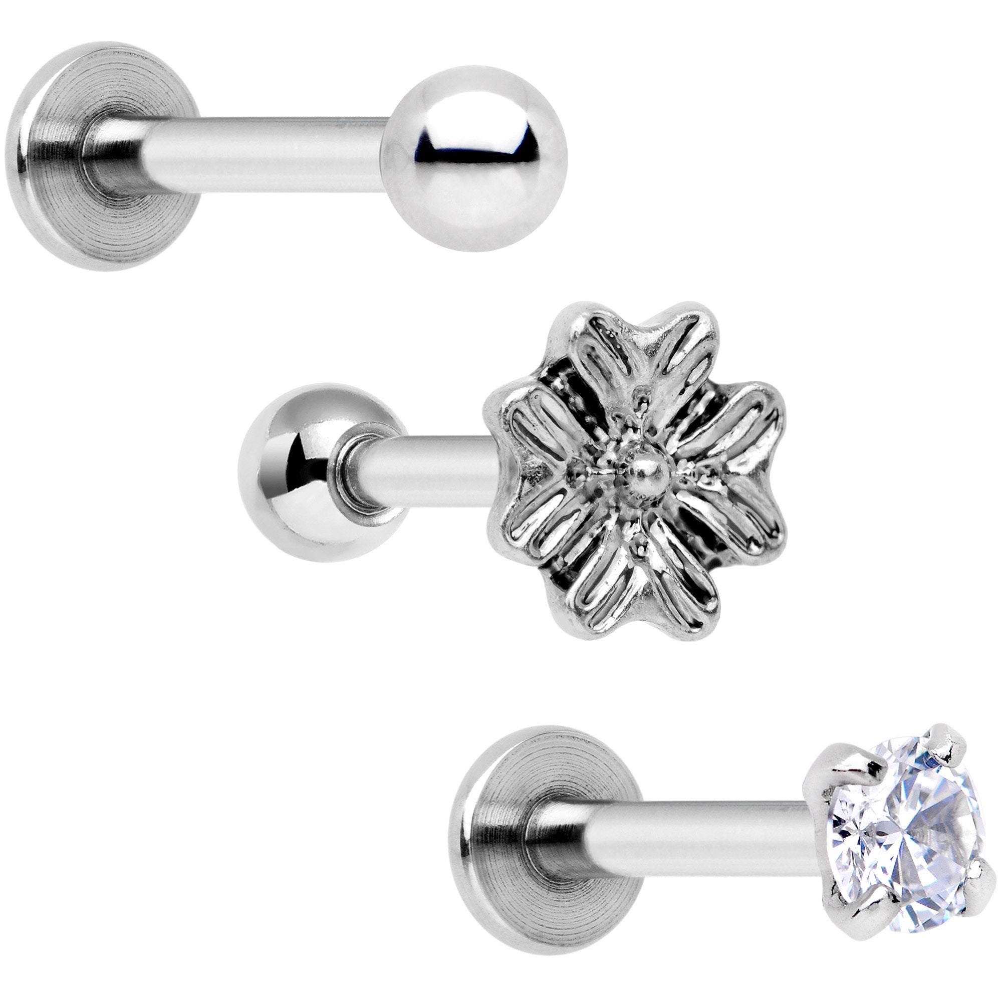 16G 1/4 Clear Gem Flowers Cartilage Tragus Earring Set of 3