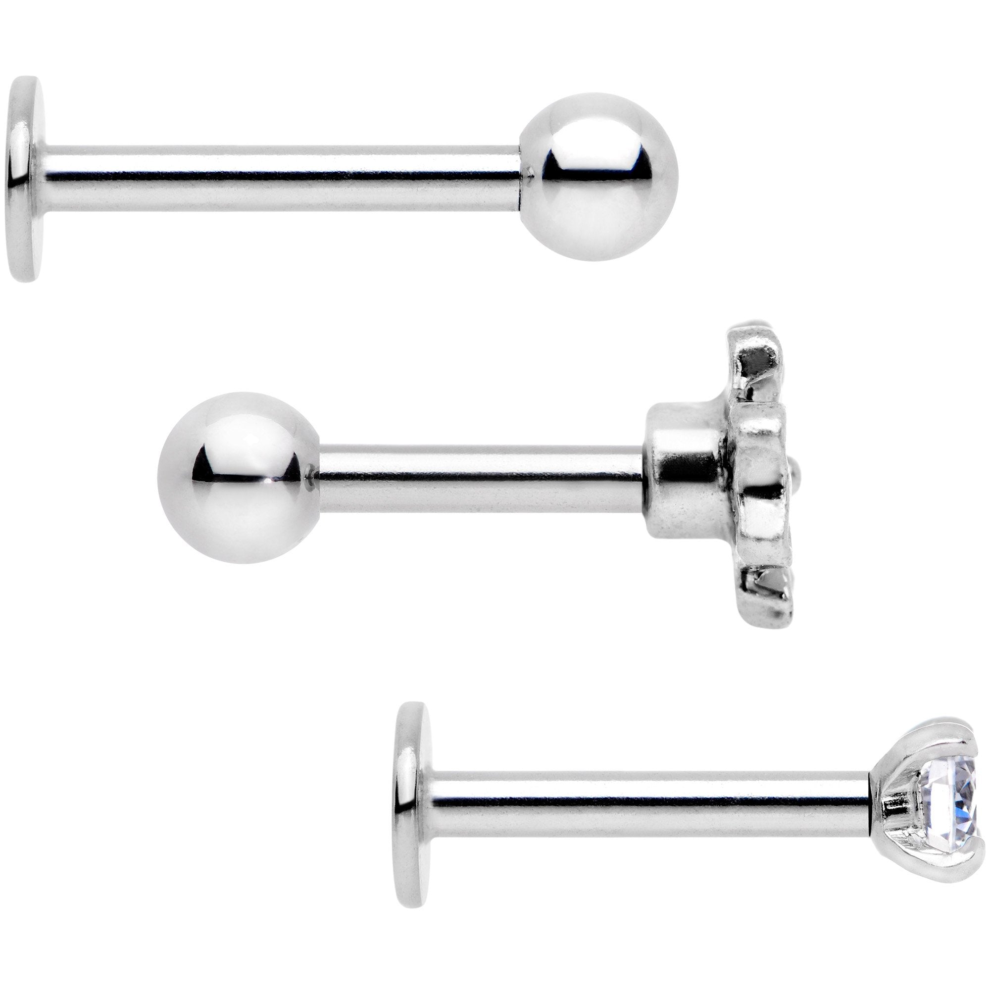 16G 1/4 Clear Gem Flowers Cartilage Tragus Earring Set of 3