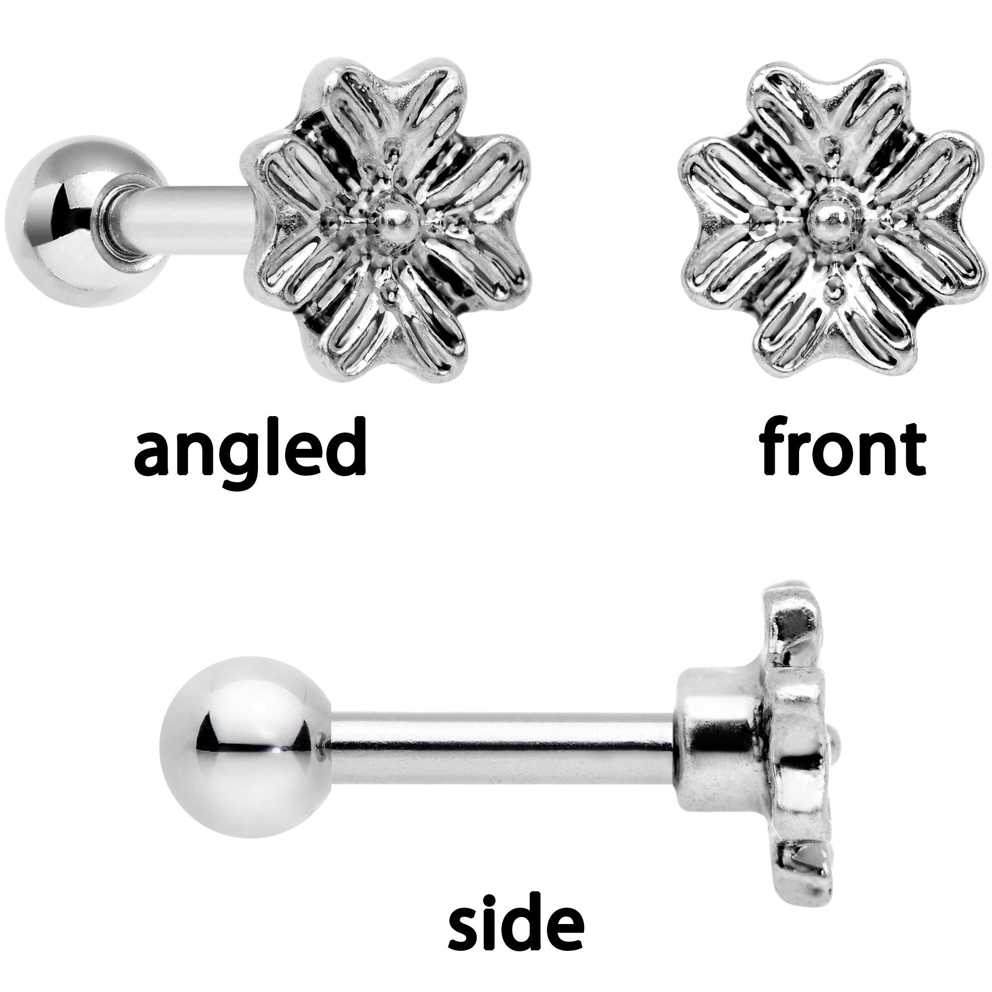 16G 1/4 Clear Gem Flowers Cartilage Tragus Earring Set of 3