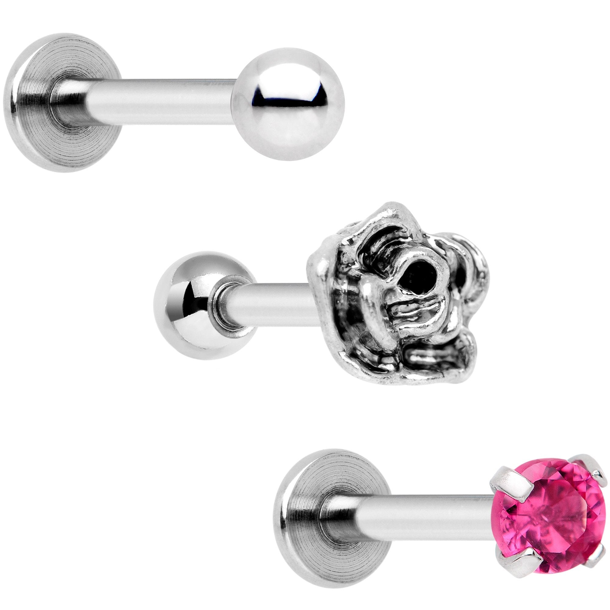 16G 1/4 Pink Gem Rose Flower Cartilage Tragus Earring Set of 3
