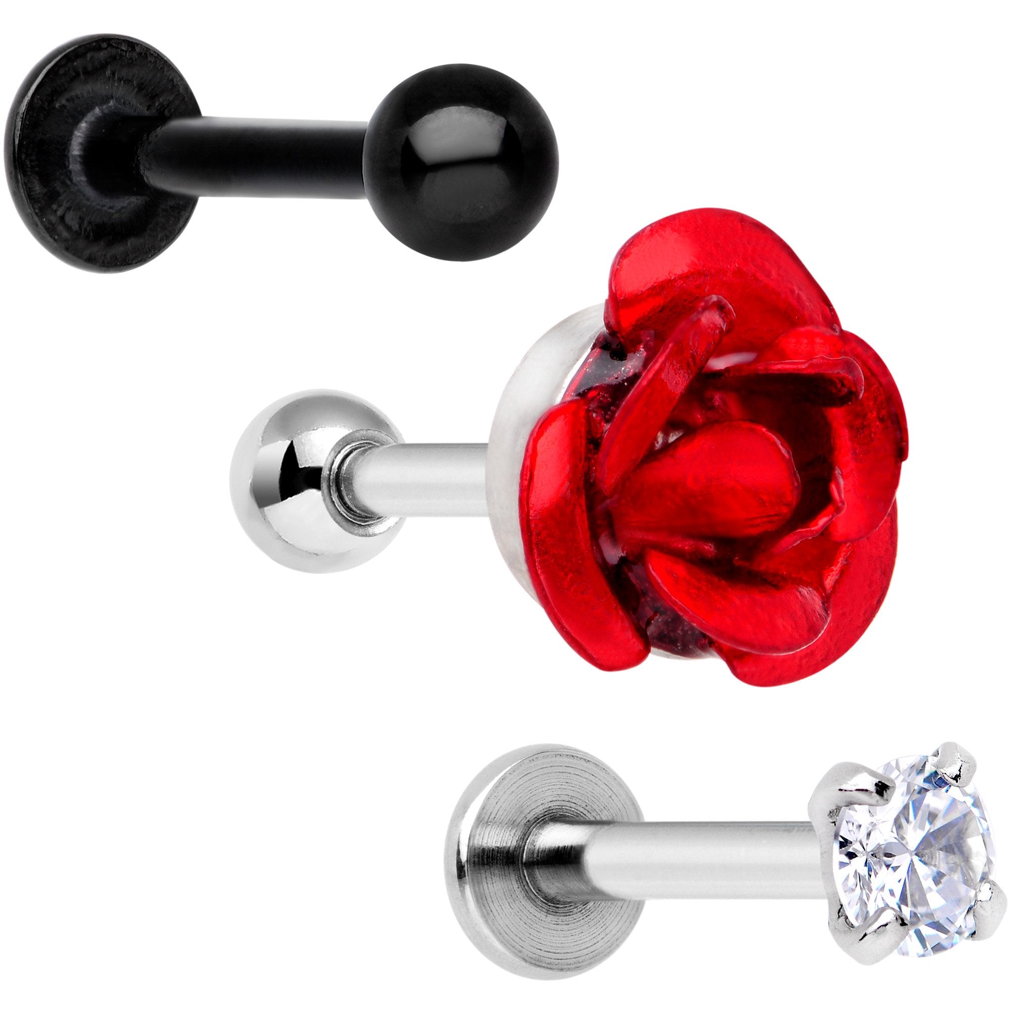 16G 1/4 Clear Gem Red Rose Flower Cartilage Tragus Earring Set of 3