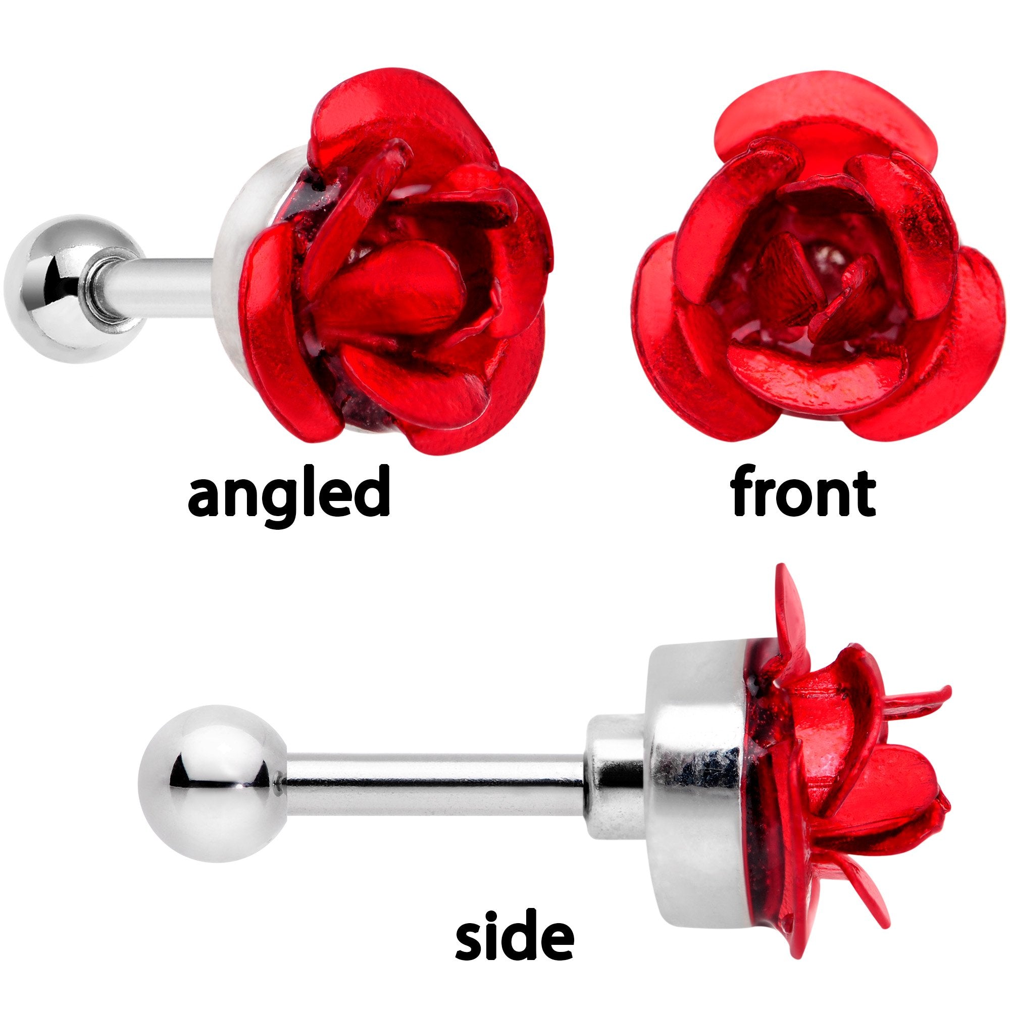 16G 1/4 Clear Gem Red Rose Flower Cartilage Tragus Earring Set of 3