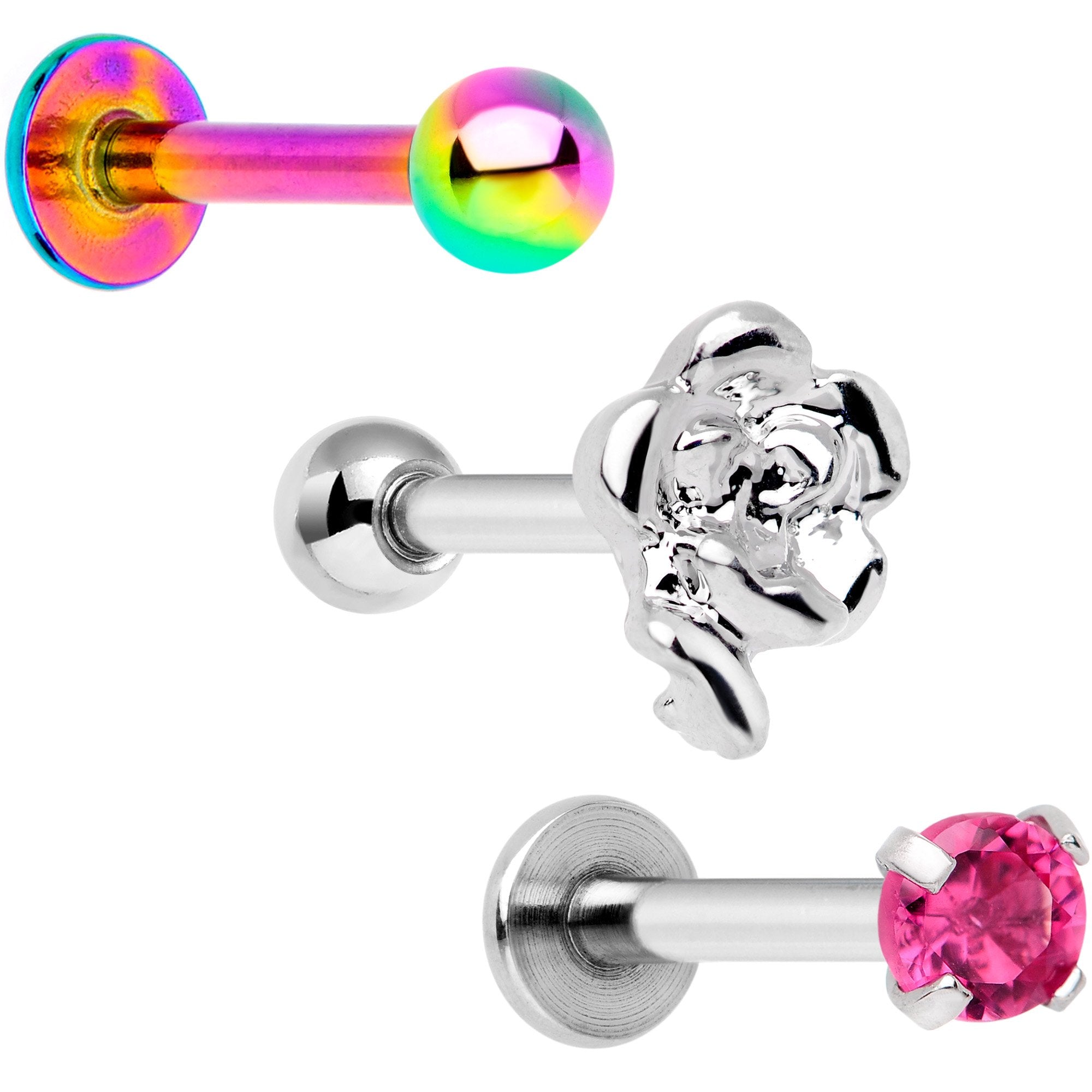 16G 1/4 Pink Gem Rainbow Cartilage Tragus Earring Set of 3
