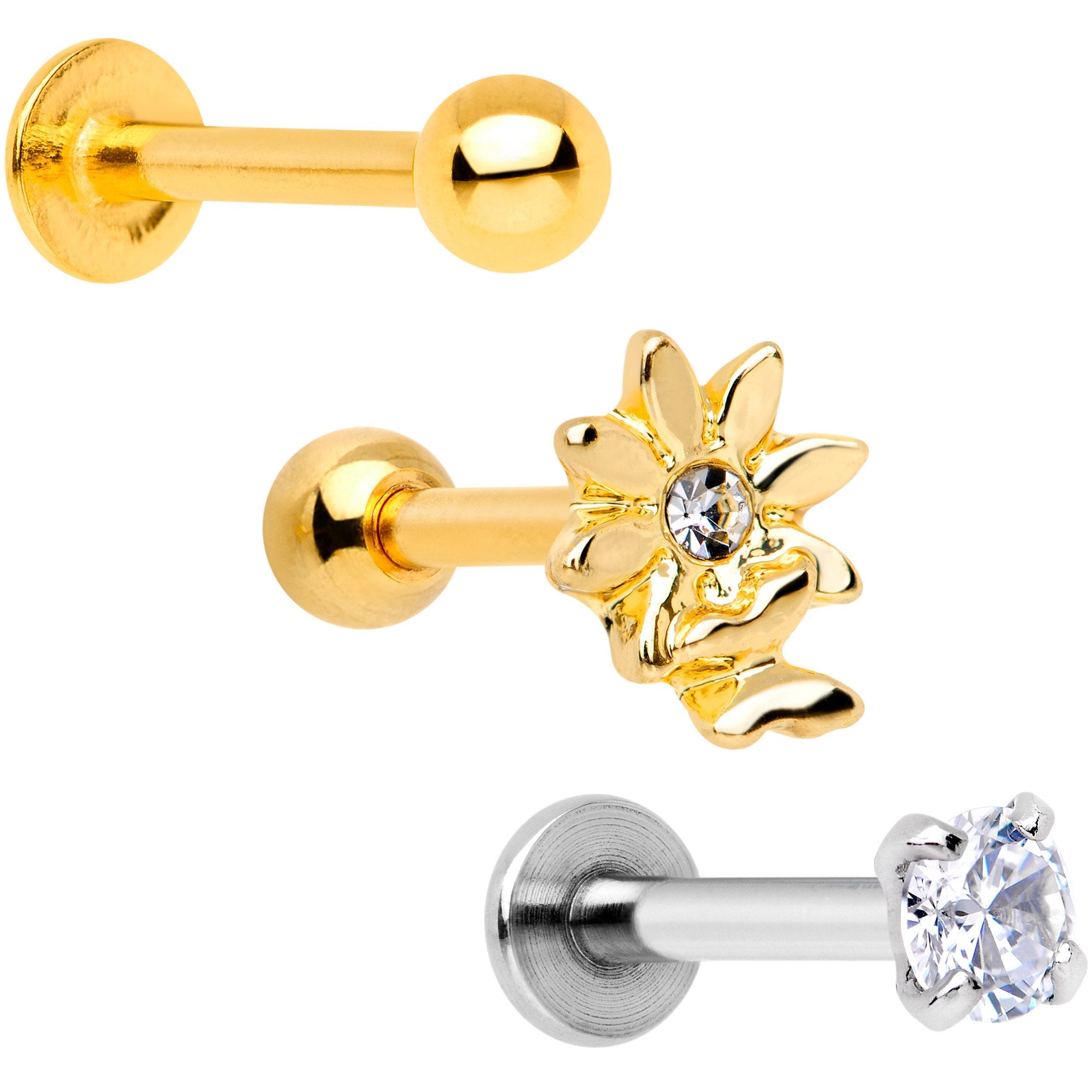 16G 1/4 Clear Gem Gold Tone Flower Cartilage Tragus Set of 3